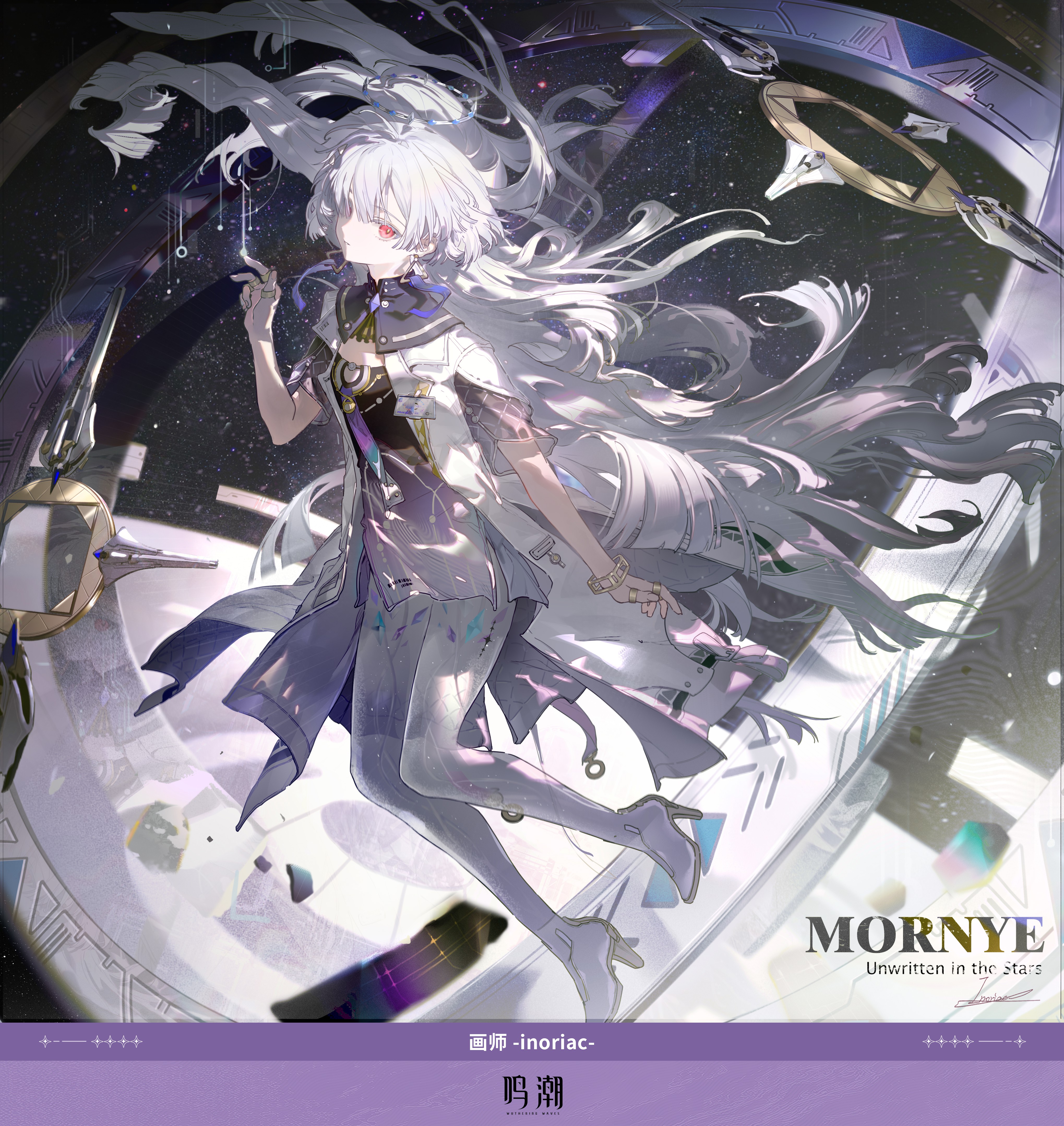 inoriac, mornye (wuthering waves), wuthering waves, absurdres, chinese commentary, highres, second-party source, 1girl, breasts, character name, closed mouth, dress, earrings, english text, floating hair, full body, grey hair, hair over one eye, hair spread out, halo, hand up, high heels, id card, jacket, jewelry, long hair, looking at viewer, purple dress, red eyes, see-through body, signature, sky, small breasts, solo, space, star (sky), starry sky, tacet mark (wuthering waves), triangle earrings, very long hair, white jacket