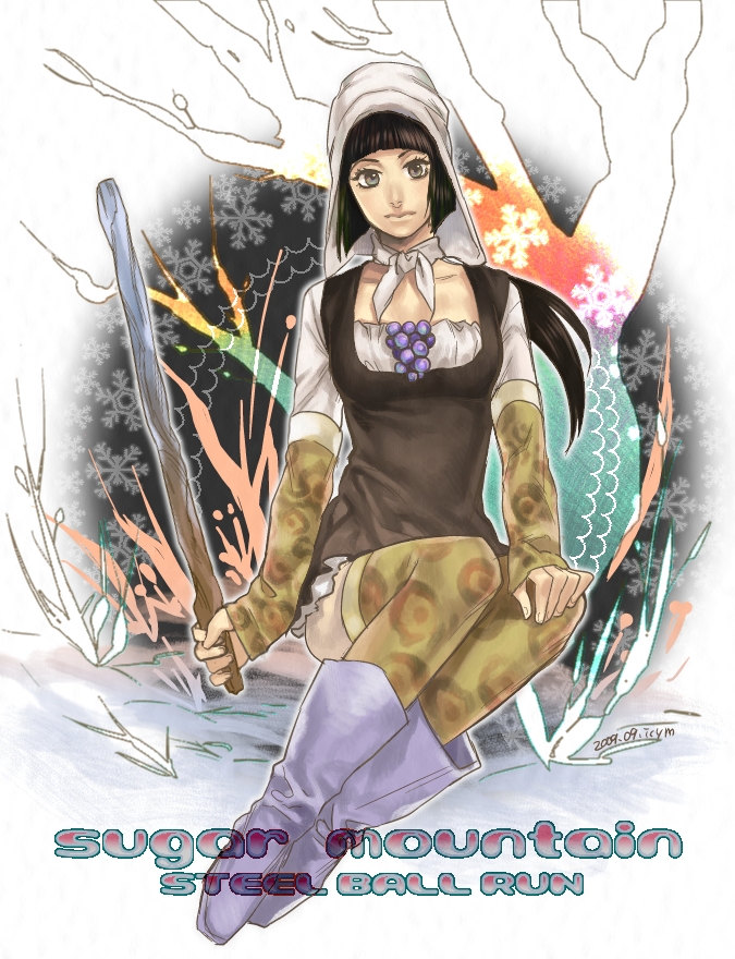 icym, sugar mountain, jojo no kimyou na bouken, steel ball run, bad id, bad pixiv id, 1girl, animal print, berry, black hair, boots, character name, copyright name, dated, dress, english text, female focus, grey eyes, hood, leopard print, long hair, print thighhighs, short dress, signature, sitting, snow, solo, stick, thighhighs, tree