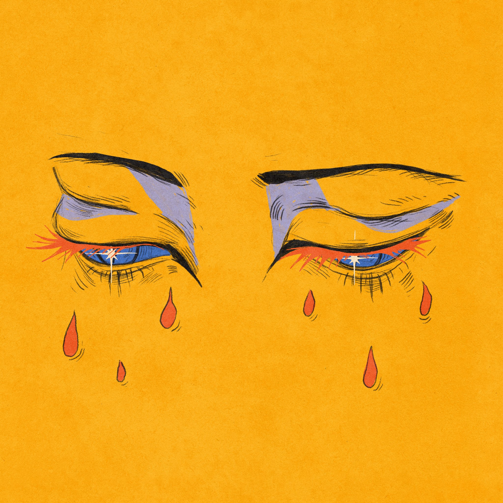 galactixyi, original, highres, 1other, blood, bloody tears, blue eyes, close-up, colored eyelashes, crying, eye focus, half-closed eyes, looking down, simple background, solo, sparkle, teardrop, yellow background