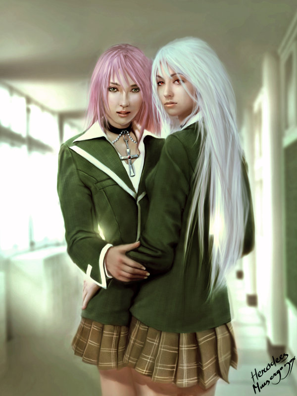 herodees, akashiya moka, inner moka, rosario+vampire, 00s, 2girls, choker, cross, cross necklace, green eyes, jewelry, long hair, multiple girls, necklace, pink hair, realistic, red eyes, rosary, school, white hair