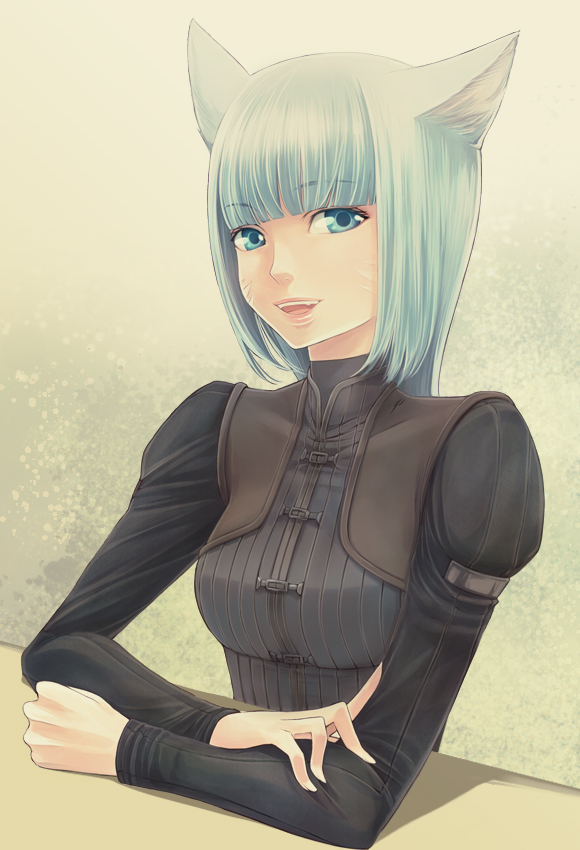 takatsuki kahiro, warrior of light (ff14), final fantasy, final fantasy xiv, 10s, 1girl, animal ears, blue eyes, blue hair, cat ears, cat girl, female focus, gradient background, matching hair/eyes, miqo'te, smile, solo