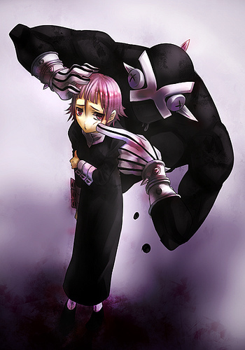 crona (soul eater), ragnarok (soul eater), soul eater, hand on head, gender request, lowres, 00s, androgynous, black dress, black skin, bullying, colored skin, cuff links, dress, gauntlets, gloves, high collar, muscular, pink eyes, pink hair, poking, shoes, short hair, spikes, striped clothes, striped gloves, x x