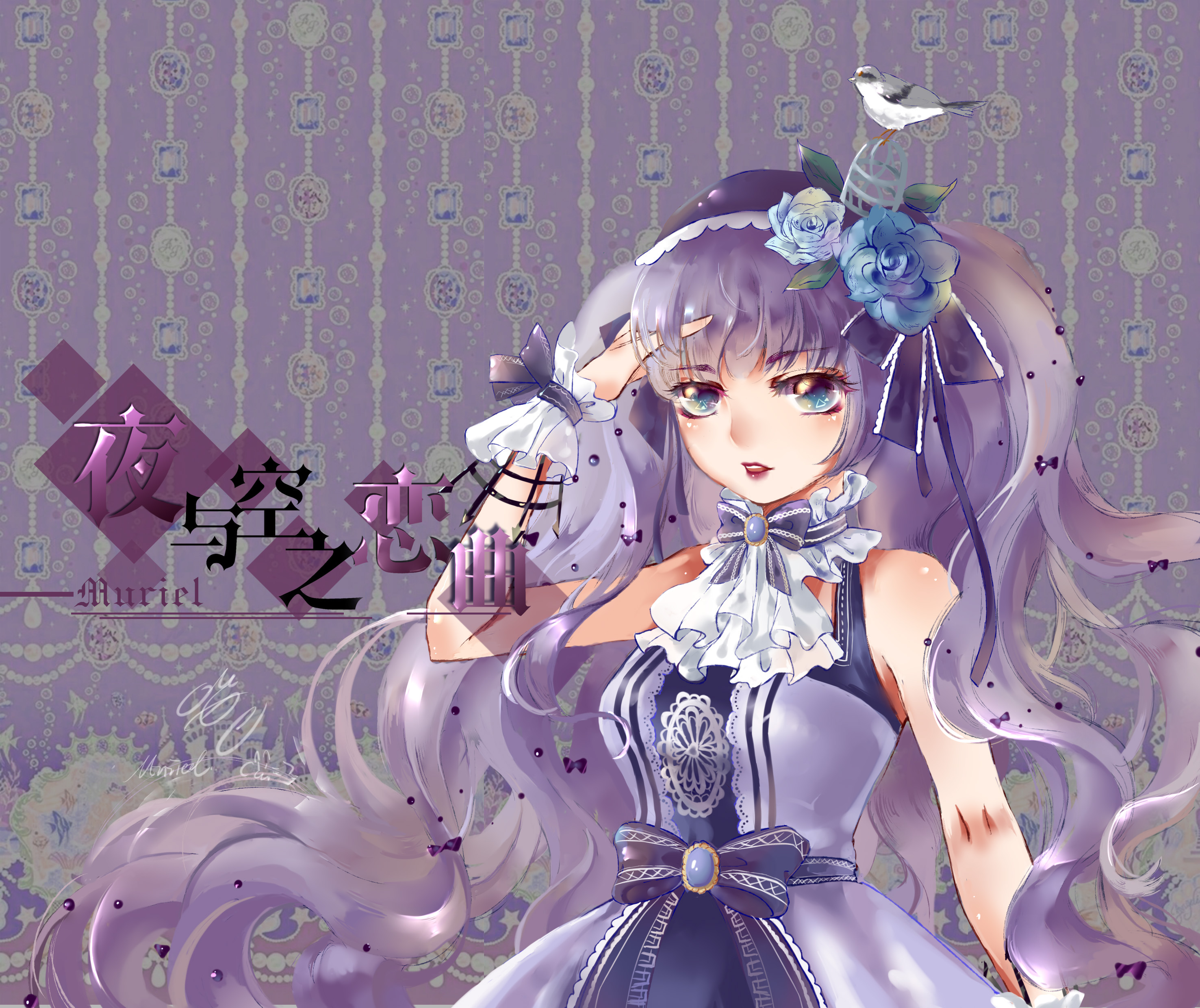 muriel miaoke, miracle nikki, nikki (series), absurdres, chinese commentary, commentary request, highres, variant set, 1girl, animal, animal on head, aqua eyes, artist name, ascot, bare shoulders, bird, bird on head, birdcage, bow, bowtie, brooch, cage, castle, character name, cowboy shot, dress, expressionless, eyelashes, frilled bow, frilled wrist cuffs, frills, hair bow, hair ornament, hand in own hair, hand on own head, headscarf, jewelry, lace, lace-trimmed bowtie, lace-trimmed dress, lace-trimmed headwear, lace trim, leaf hair ornament, light blush, lipstick, lolita fashion, long hair, makeup, on head, parted lips, purple background, purple bow, purple bowtie, purple dress, purple hair, purple headscarf, purple wrist cuffs, red lips, sleeveless, sleeveless dress, solo, song of night sky (miracle nikki), standing, teeth, two side up, very long hair, waist bow, wavy hair, white ascot, wrist bow, wrist cuffs