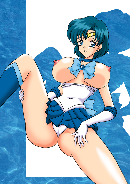 mutsuya, mizuno ami, bishoujo senshi sailor moon, 1990s (style), breasts, cameltoe, large breasts, lying, nipples
