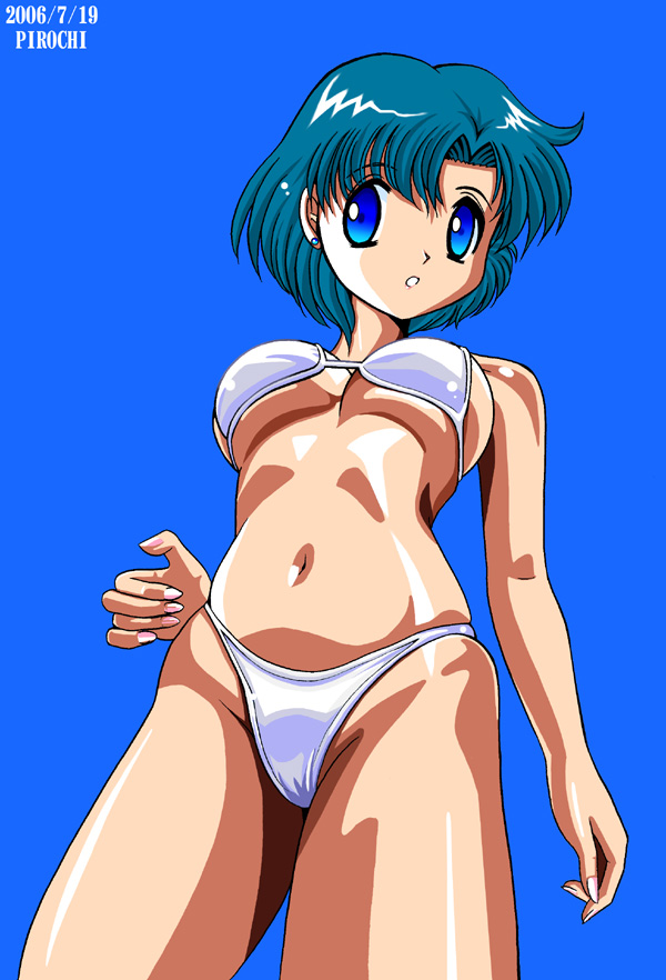 pirochi, mizuno ami, bishoujo senshi sailor moon, 00s, 1990s (style), 1girl, 2006, bikini, blue background, blue eyes, blue hair, breasts, cleavage, earrings, from below, jewelry, july, large breasts, looking to the side, parted lips, short hair, swimsuit, teeth, white bikini