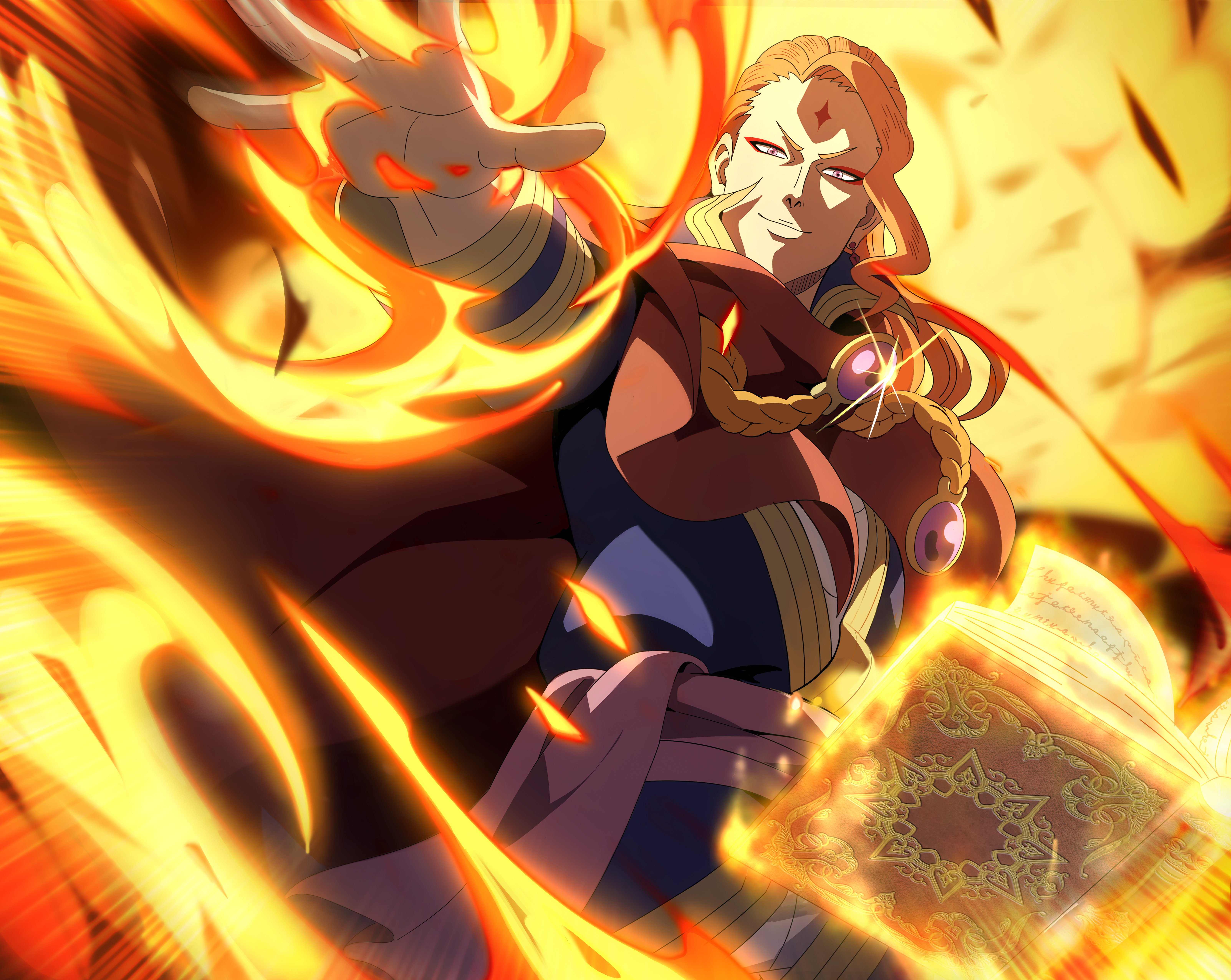 fuegoleon vermillion, black clover, black clover m: rise of the wizard king, absurdres, highres, non-web source, official art, 1boy, blue jacket, book, brown hair, cape, facial mark, fire, forehead mark, grimoire, jacket, long hair, looking at viewer, open book, pink eyes, pink sash, pyrokinesis, red cape, sash, solo, upper body, waist sash