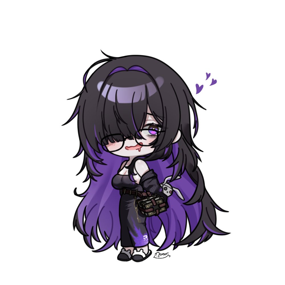 momori sensei, label (nikke), goddess of victory: nikke, hashtag-only commentary, 1girl, artist name, black dress, black hair, black jacket, blush, book, book strap, breasts, chibi, cleavage, colored inner hair, deformed, dress, full body, glass, hair intakes, hair over one eye, heart, heart-shaped pupils, jacket, large breasts, long hair, long sleeves, looking at viewer, messy hair, multicolored dress, multicolored hair, off shoulder, parted bangs, purple dress, purple eyes, purple hair, rabbit slippers, saliva, simple background, sleeveless, sleeveless dress, slippers, solo, spaghetti strap, strap, stuffed animal, stuffed rabbit, stuffed toy, symbol-shaped pupils, very long hair, white background