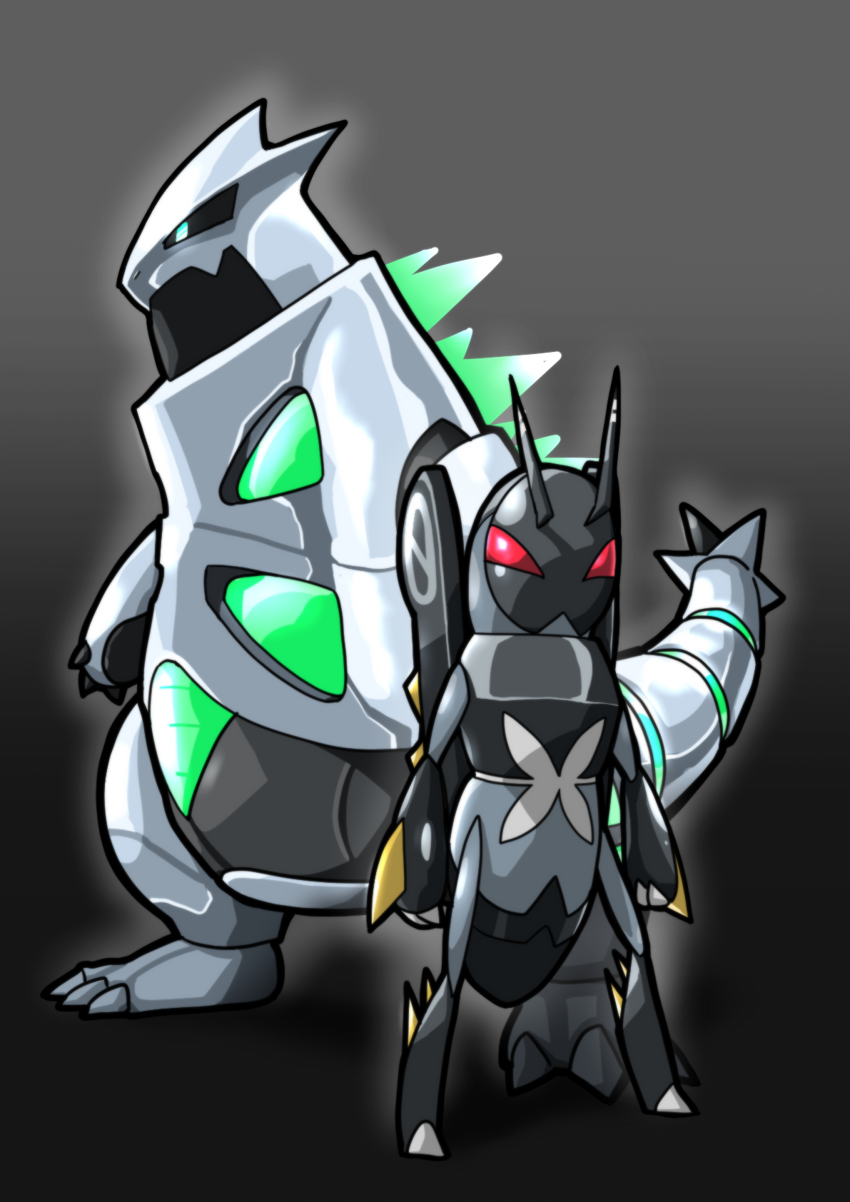 mudamudamuda, iron thorns, lokix, kamen rider, kamen rider black sun (series), nintendo, pokemon, commentary request, highres, alternate color, antennae, black sclera, closed mouth, colored sclera, gradient background, green eyes, grey background, no humans, non-humanoid robot, pokemon (creature), pokemon focus, robot, shiny pokemon, simple background, standing, v-shaped eyes