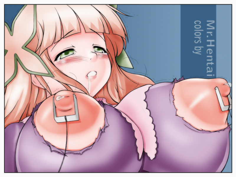 tagme, blonde hair, blush, breasts, green eyes, hair ornament, lactation, large breasts, nipple piercing, nipples, piercing, saliva, tears, torn clothes