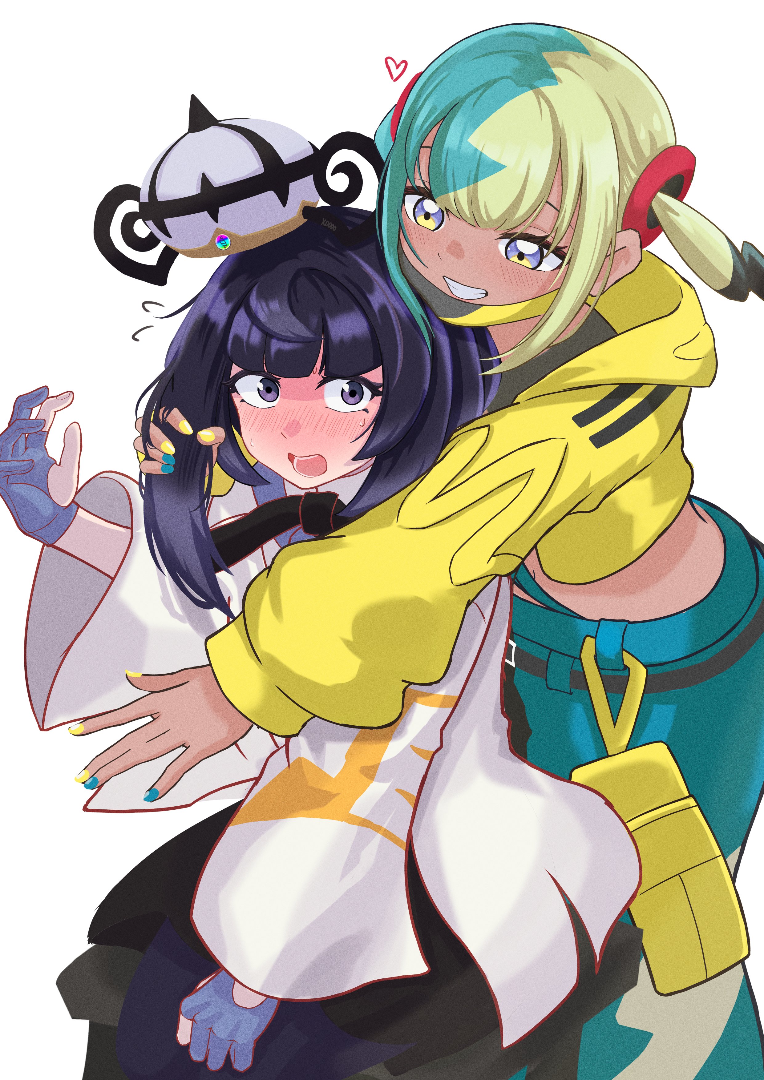 k0oo 0, canari (pokemon), gwynn (pokemon), nintendo, pokemon, pokemon legends: z-a, absurdres, commentary request, highres, 2girls, belt, black belt, black dress, black hair, blunt bangs, blush, coat, cropped jacket, dress, eyelashes, gloves, grabbing another's hair, green pants, grey eyes, grin, hat, holding another's hair, hood, hood down, hooded jacket, hug, hug from behind, jacket, long sleeves, looking at viewer, mask, mask pull, mouth mask, multicolored nails, multiple girls, nail polish, open mouth, pants, partially fingerless gloves, smile, teeth, white background, white coat, yellow jacket, yuri