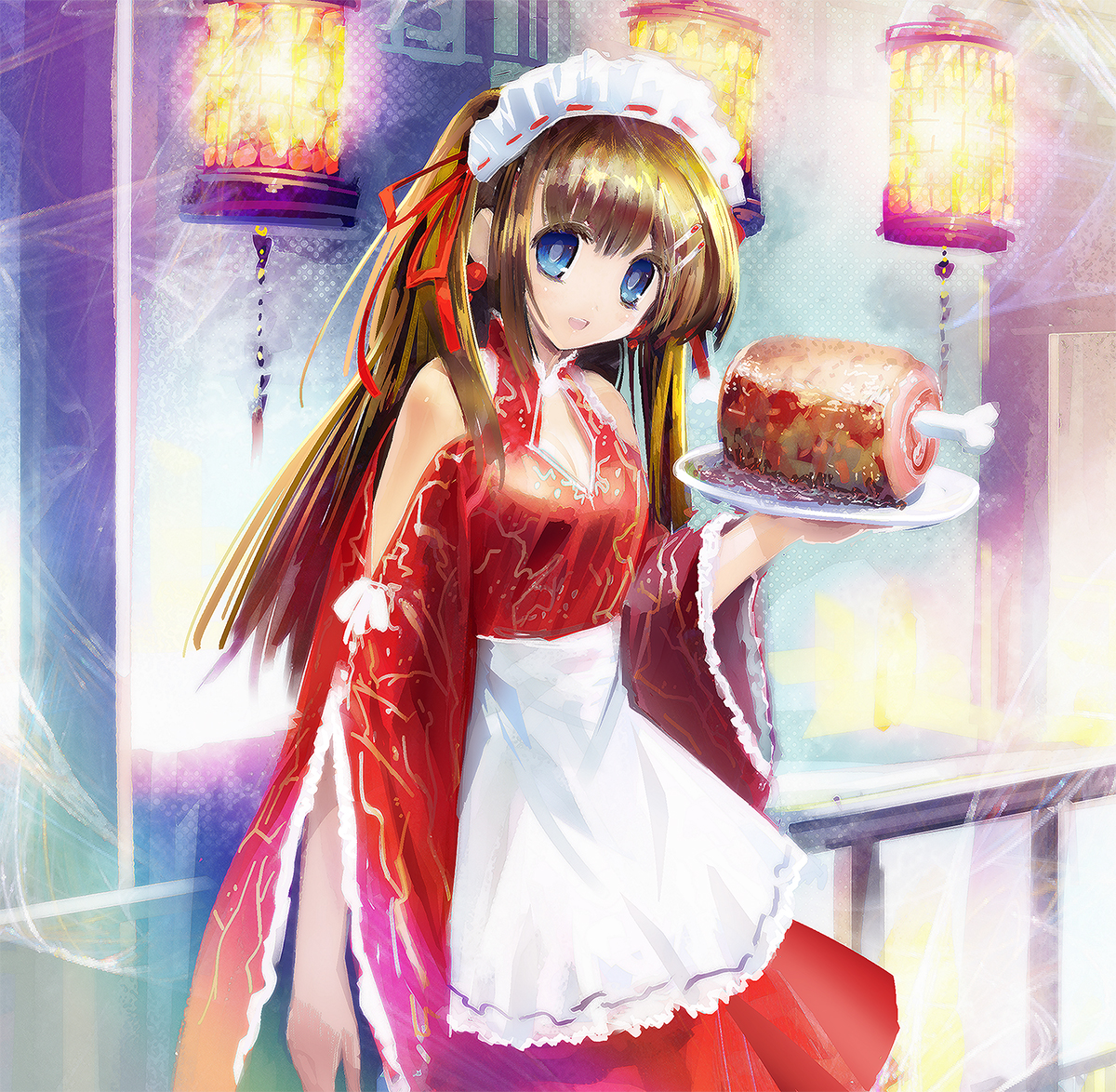 ein (artist), ein (long cake), original, 1girl, apron, bare shoulders, blue eyes, boned meat, brown hair, female focus, food, hair ornament, hairclip, long hair, meat, solo, tray, waitress