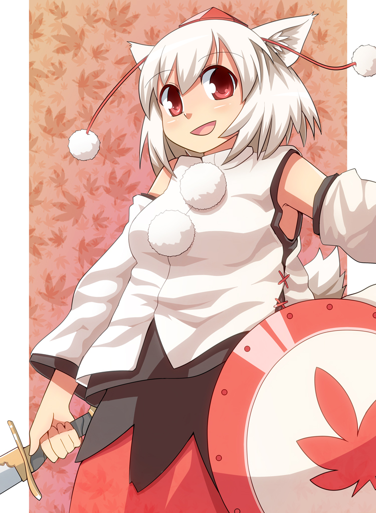 sil, supershiruco, inubashiri momiji, touhou, bad id, bad pixiv id, 1girl, animal ears, detached sleeves, female focus, hat, red eyes, shield, solo, sword, tail, tokin hat, weapon, white hair, wolf ears, wolf tail