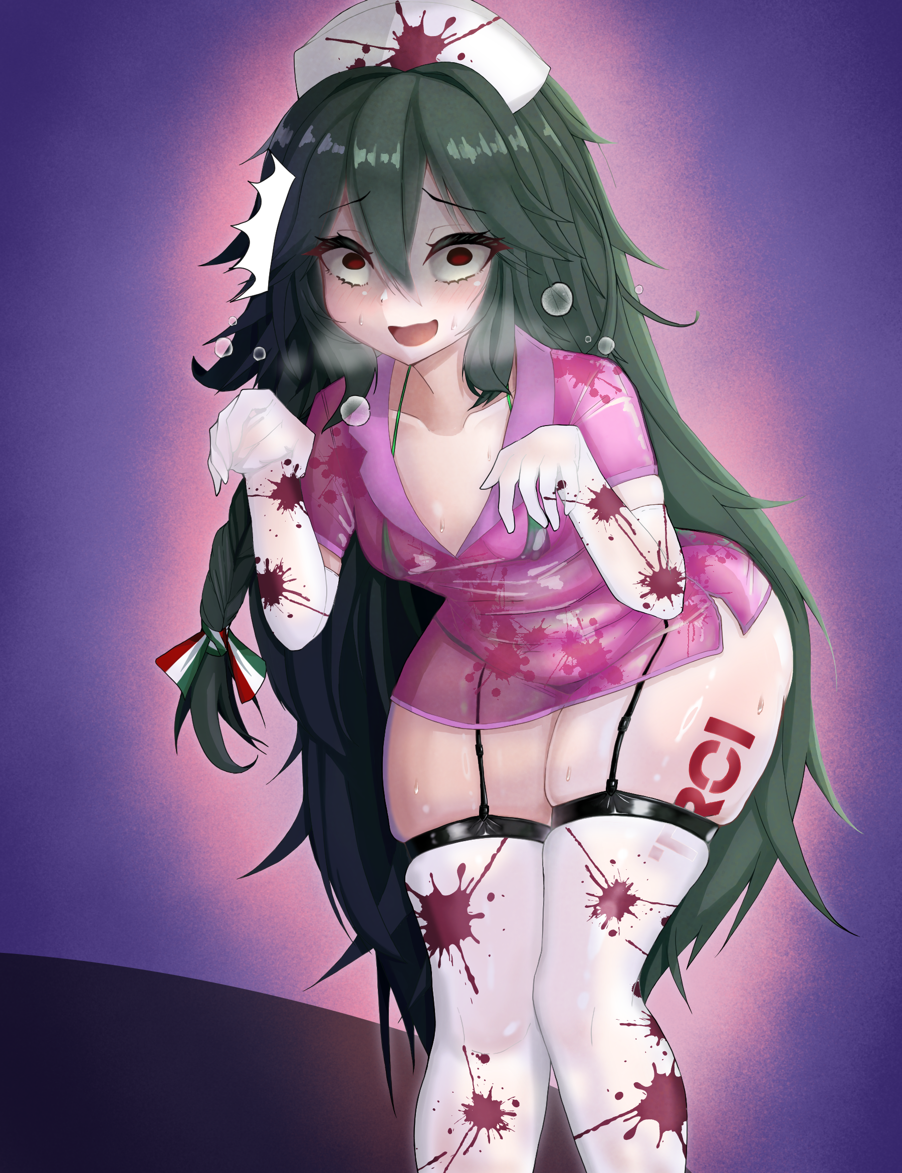 torricelli (azur lane), azur lane, commentary request, highres, 1girl, alternate costume, black garter straps, blood, blood splatter, blush, breasts, dress, elbow gloves, fake blood, garter straps, gloves, green hair, hair between eyes, hat, heart, leg tattoo, long hair, looking at viewer, nakada964, nurse cap, open mouth, pink dress, red eyes, skindentation, small breasts, solo, tattoo, thighhighs, thighs, very long hair, white gloves, white thighhighs, wide hips