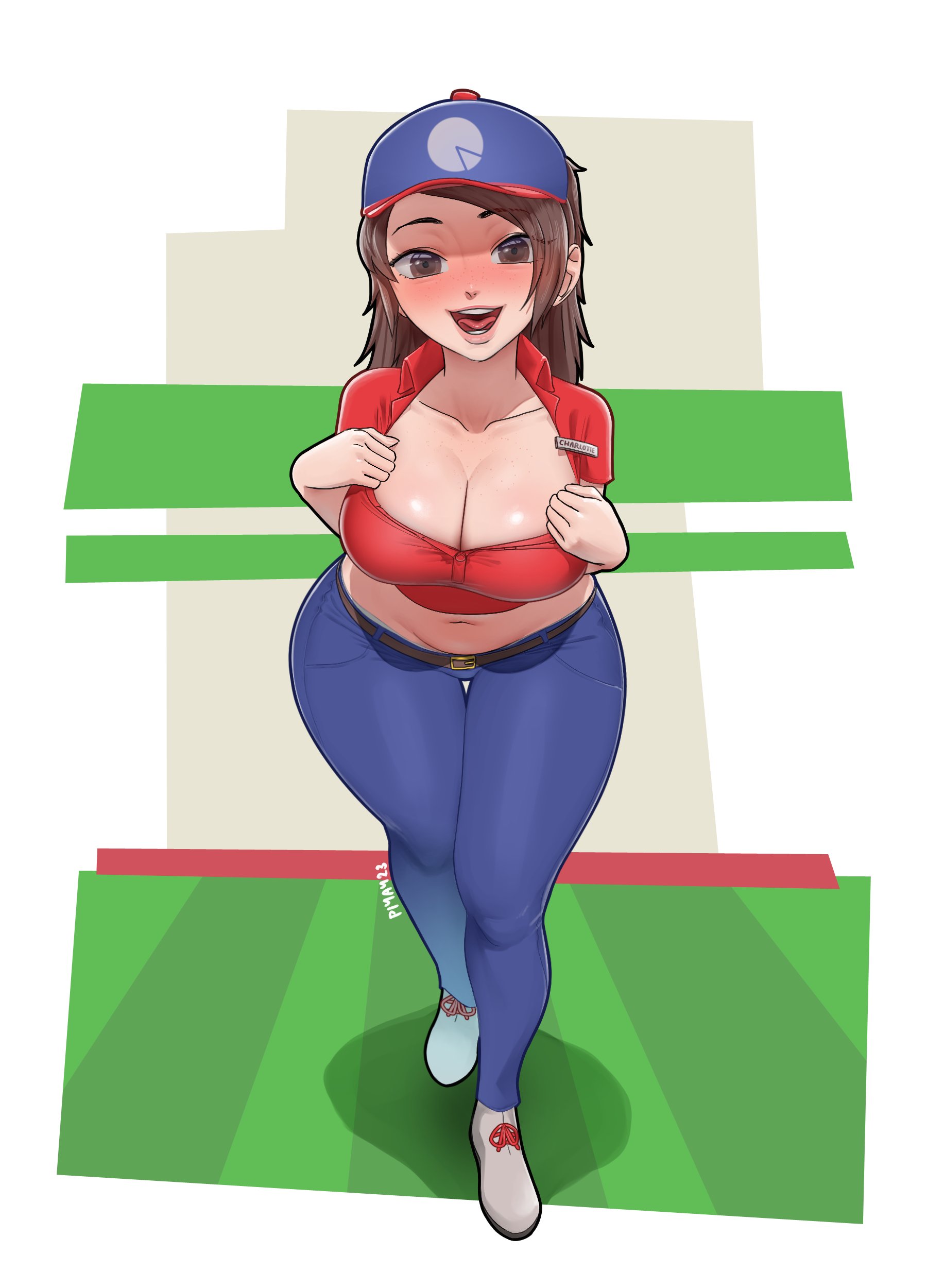 piyay23, original, absurdres, highres, 1girl, adjusting clothes, artist name, blue pants, breasts, brown eyes, brown hair, character name, cleavage, collarbone, crop top, hat, large breasts, long hair, long sidelocks, looking at viewer, name tag, navel, pants, papa's gameria, red shirt, shirt, shoes, sidelocks, solo, stomach, white shoes, wide hips