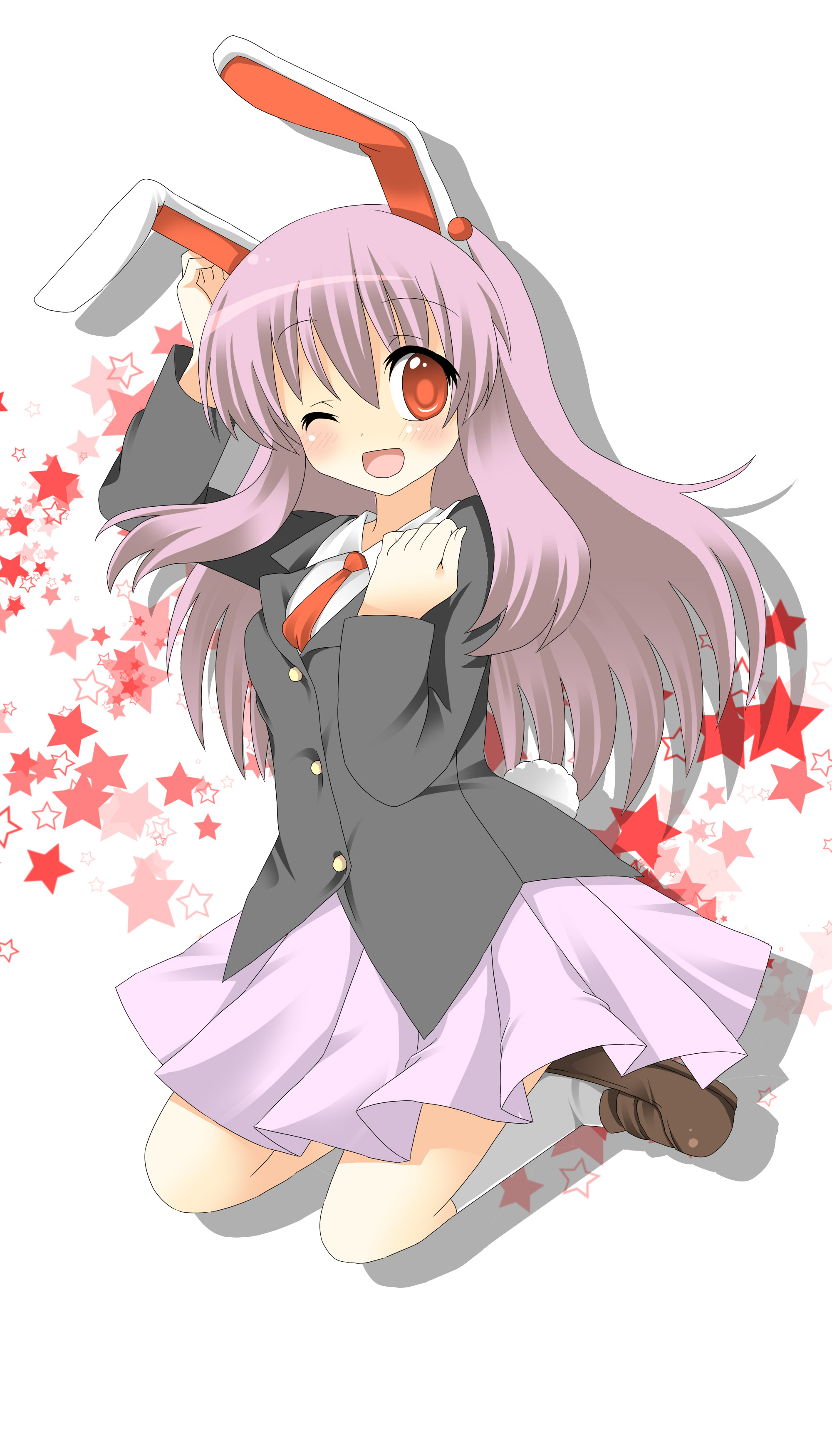 oniku (shimofuri-ke), reisen udongein inaba, touhou, absurdres, bad id, bad pixiv id, highres, 1girl, animal ears, female focus, kneehighs, long hair, necktie, one eye closed, purple hair, rabbit ears, rabbit girl, rabbit tail, red eyes, red necktie, sitting, smile, socks, solo, star (symbol), tail, wink