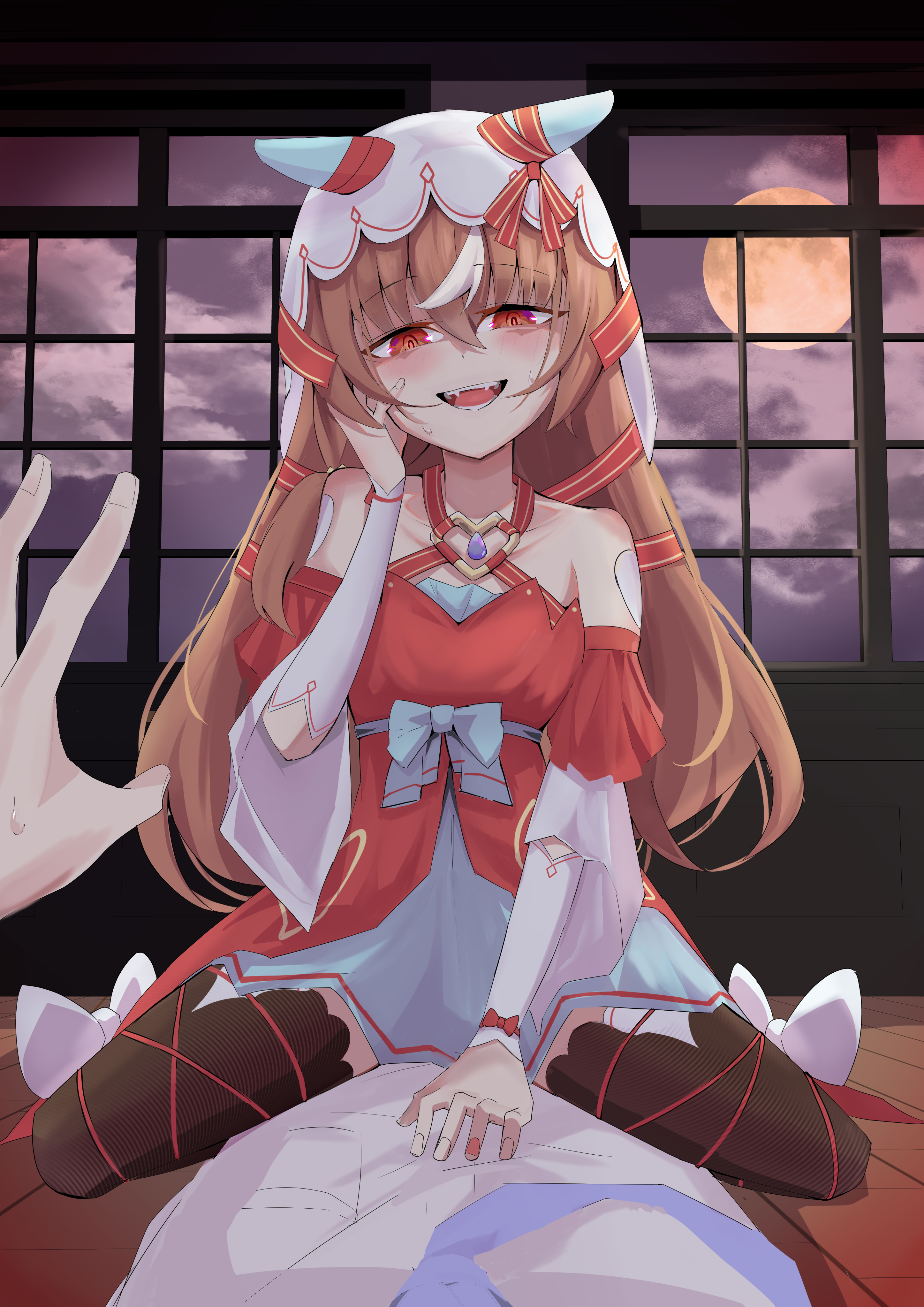 still in love (umamusume), umamusume, absurdres, highres, 1boy, 1girl, animal ears, blush, breasts, brown hair, cloud, collarbone, horse ears, horse tail, long hair, moon, mosseimen555, open mouth, pov, pov hands, red eyes, sitting, sitting on person, small breasts, sweat, tail, teeth, thighhighs, veil