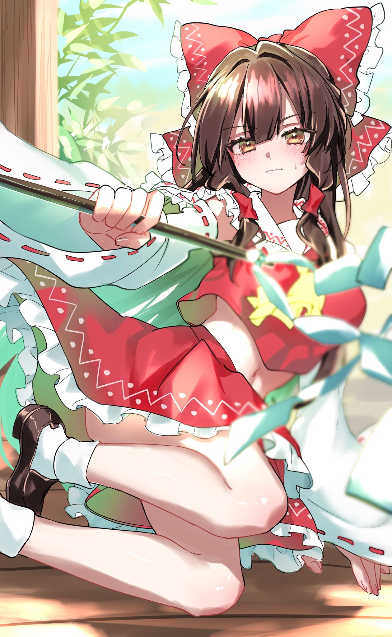 tsubakiharuki, hakurei reimu, touhou, commentary request, highres, 1girl, ascot, blush, bow, brown eyes, brown hair, brown shoes, closed mouth, detached sleeves, frilled bow, frilled skirt, frills, gohei, hair bow, hair tubes, holding, holding gohei, loafers, long hair, looking at viewer, navel, red bow, red skirt, ribbon-trimmed sleeves, ribbon trim, shoes, skirt, skirt set, socks, solo, sweatdrop, white socks, yellow ascot