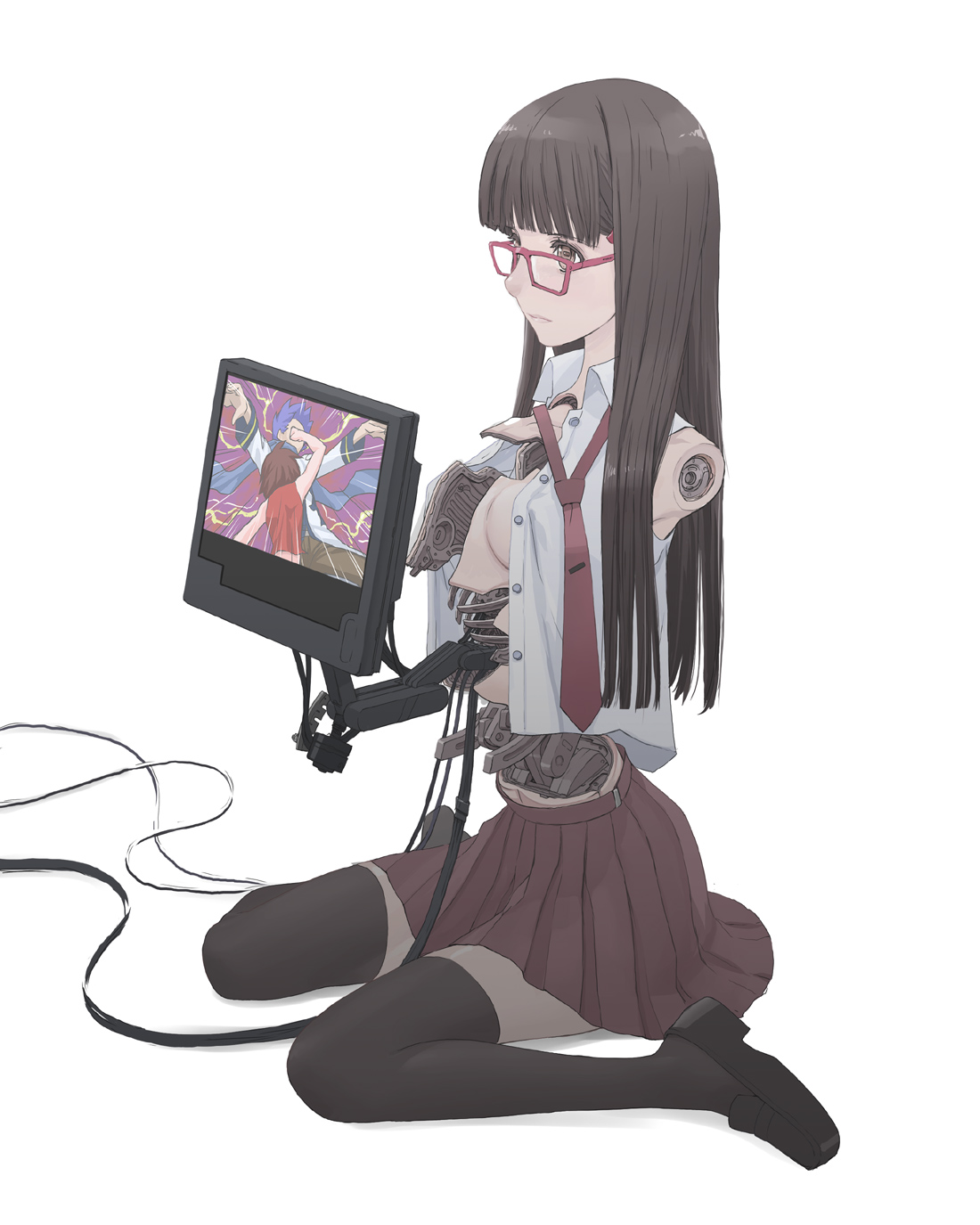 le0, kaito (vocaloid), meiko (vocaloid), vocaloid, no arms, artist request, highres, 1girl, android, black thighhighs, blouse, blunt bangs, brown hair, cable, cameo, female focus, glasses, joints, long hair, mechabare, necktie, open clothes, open shirt, robot joints, shirt, sitting, skirt, solo, thighhighs, white background