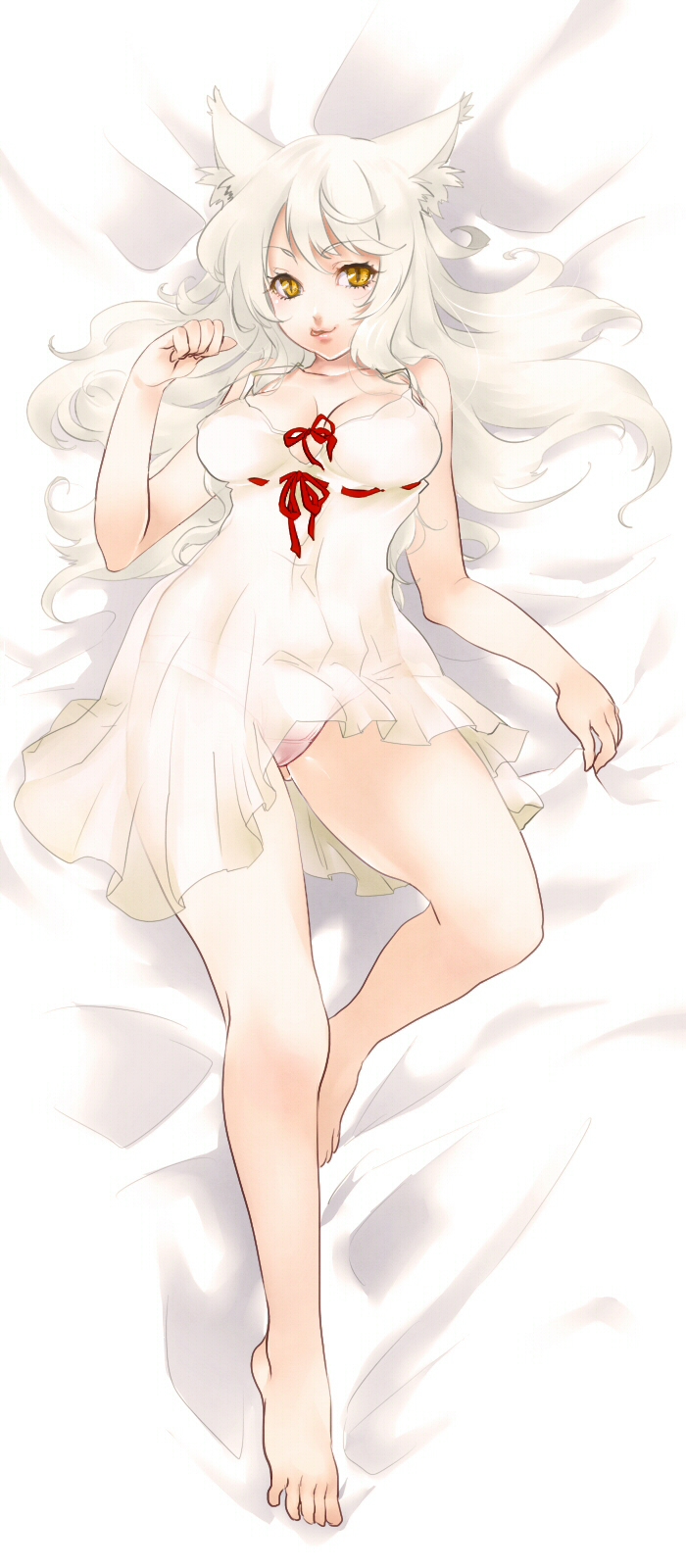 tamachi kuwa, black hanekawa, hanekawa tsubasa, bakemonogatari, monogatari (series), nekomonogatari, highres, long image, tall image, 10s, 1girl, :p, animal ears, bare shoulders, barefoot, cat ears, chemise, feet, female focus, long hair, looking at viewer, lying, on back, panties, slit pupils, solo, tongue, tongue out, underwear, white hair, yellow eyes