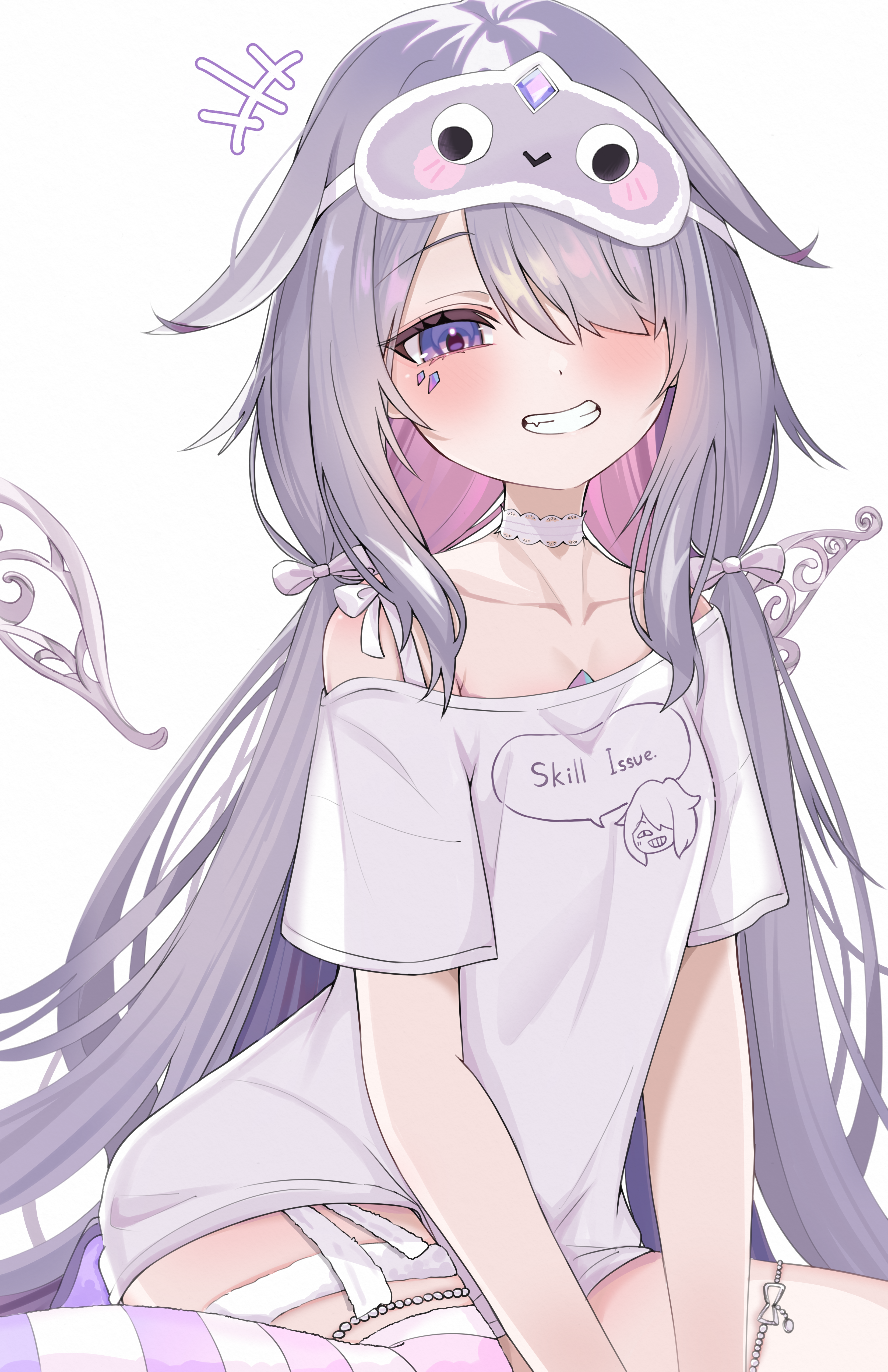 castellayaki, koseki bijou, hololive, hololive english, absurdres, commentary, highres, 1girl, :d, chest jewel, clothes writing, colored inner hair, detached wings, eye mask, gradient hair, grin, hair over one eye, jewel under eye, koseki bijou (pebble pajamas), long hair, looking at viewer, low twintails, mask, mask on head, multicolored hair, no pants, open mouth, pink hair, purple eyes, purple hair, shirt, simple background, single off shoulder, single thighhigh, sitting, smile, solo, striped clothes, striped thighhighs, t-shirt, thigh strap, thighhighs, twintails, very long hair, virtual youtuber, white background, white shirt, wings