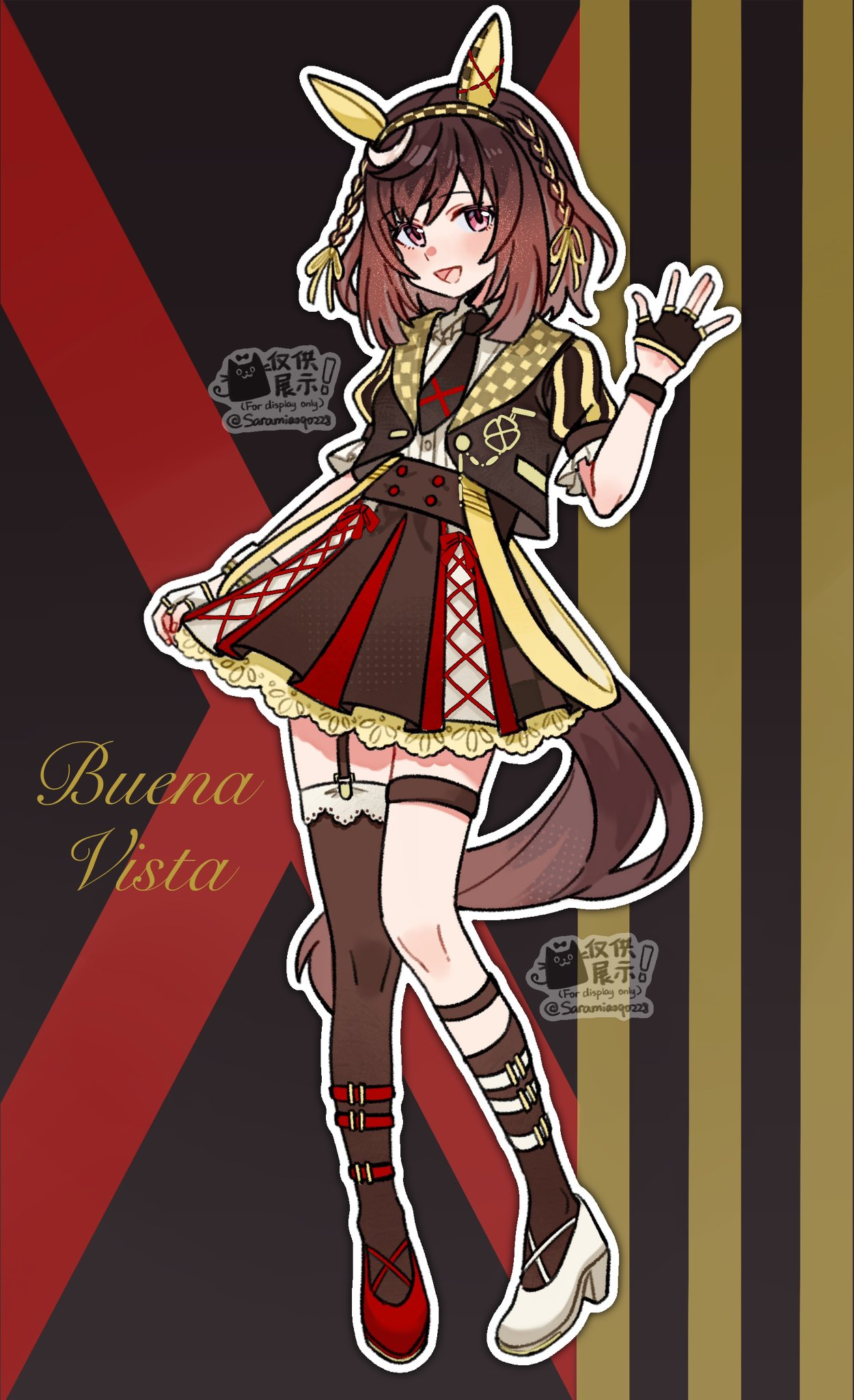 saramiao-chan, buena vista (umamusume), umamusume, commission, highres, 1girl, animal ears, blush, braid, breasts, brown hair, fingerless gloves, full body, gloves, horse ears, horse girl, horse tail, long hair, purple eyes, simple background, single thighhigh, solo, tail, thighhighs, twitter username