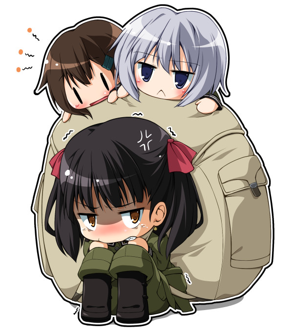 natsuhime yuran, kannagi noel, sorami kanata, suminoya kureha, sora no woto, :<, anger vein, angry, bag, chibi, hair ornament, hair ribbon, hairclip, heavy, military, military uniform, ribbon, tears, | |