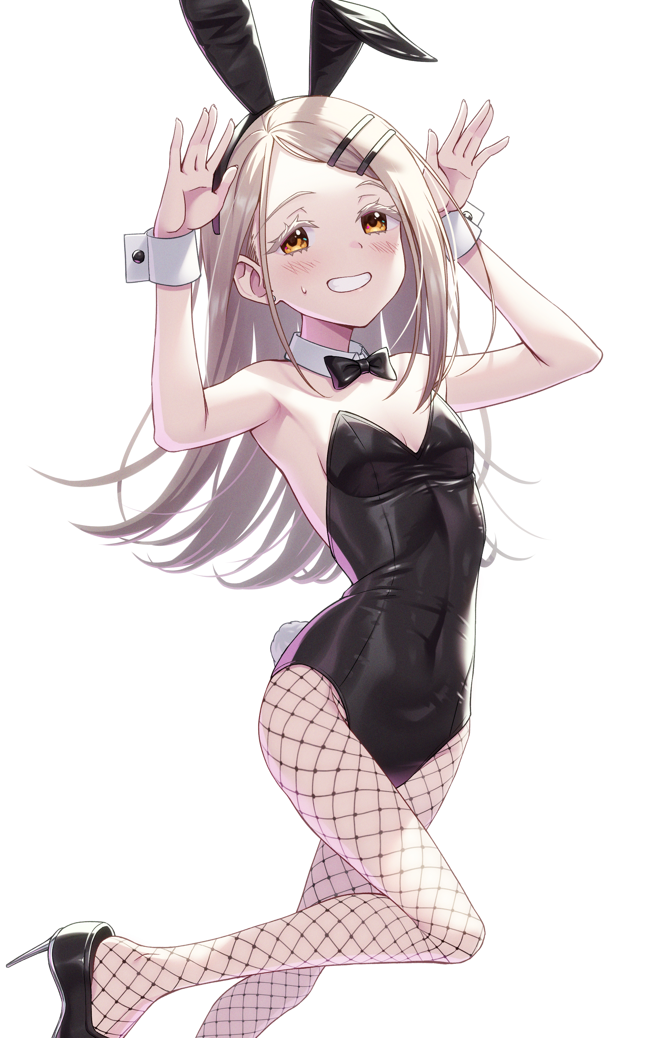 tsunenorip, shinosawa hiro, gakuen idolmaster, idolmaster, absurdres, commentary request, highres, 1girl, alternate costume, animal ear hairband, animal ears, armpits, arms up, black bow, black bowtie, black leotard, black shoes, blonde hair, blush, bow, bowtie, breasts, colored eyelashes, detached collar, fake animal ears, fake tail, fishnet pantyhose, fishnets, flipped hair, hairband, high heels, leotard, long hair, looking at viewer, orange eyes, pantyhose, playboy bunny, rabbit ear hairband, rabbit ears, rabbit pose, rabbit tail, shoes, small breasts, smile, solo, strapless, strapless leotard, sweatdrop, tail, wrist cuffs