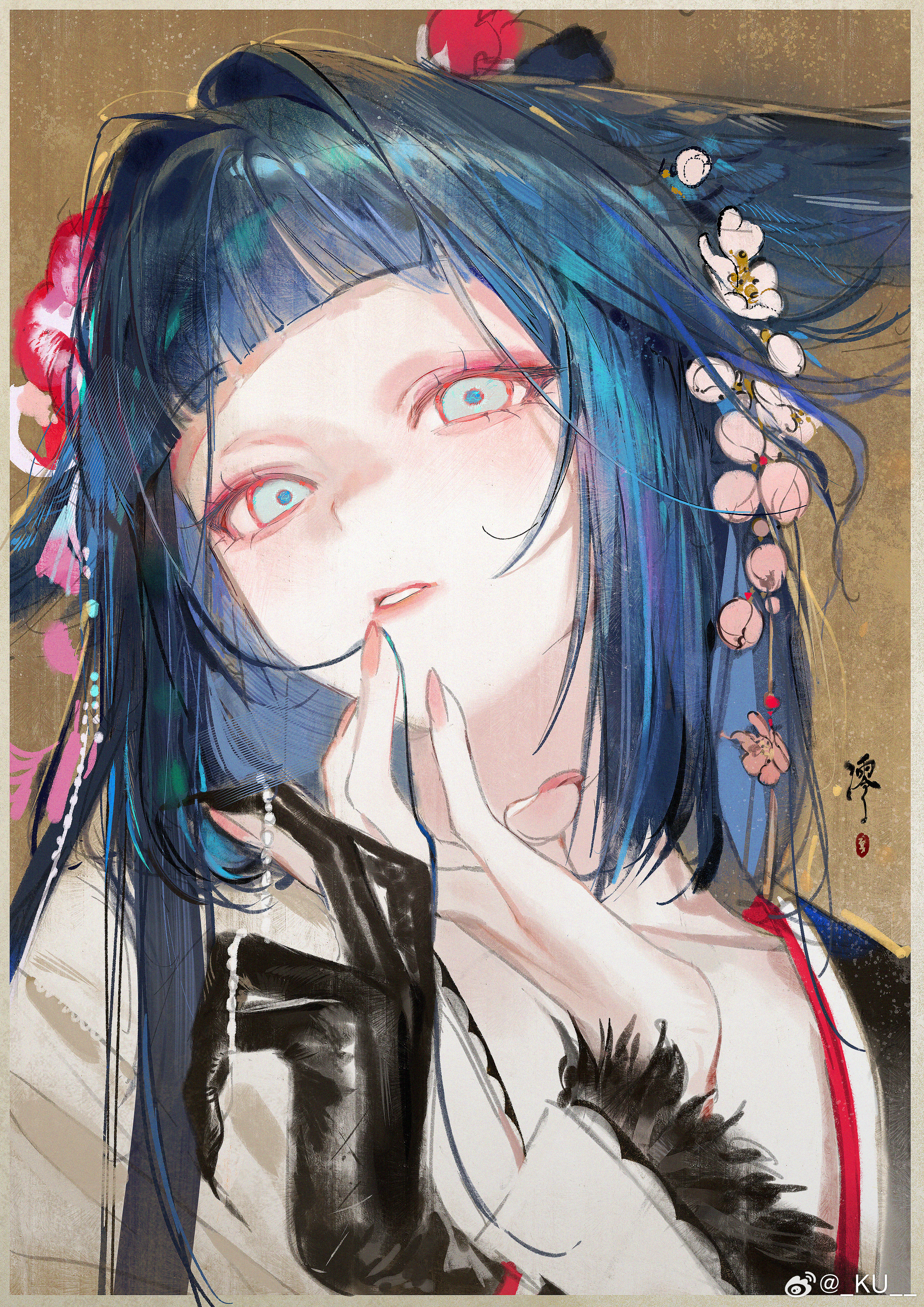 kurikabacha, mio (arknights), arknights, absurdres, highres, 1girl, black hair, black kimono, blue eyes, blunt bangs, cherry blossoms, collarbone, flower, gradient hair, hair flower, hair ornament, hair wings, japanese clothes, kimono, long hair, long sidelocks, long sleeves, looking at viewer, makeup, multicolored hair, pink flower, sidelocks, single extra arm, solo, two-tone kimono, very long hair, very long sidelocks, watermark, weibo username, weibo watermark, white kimono