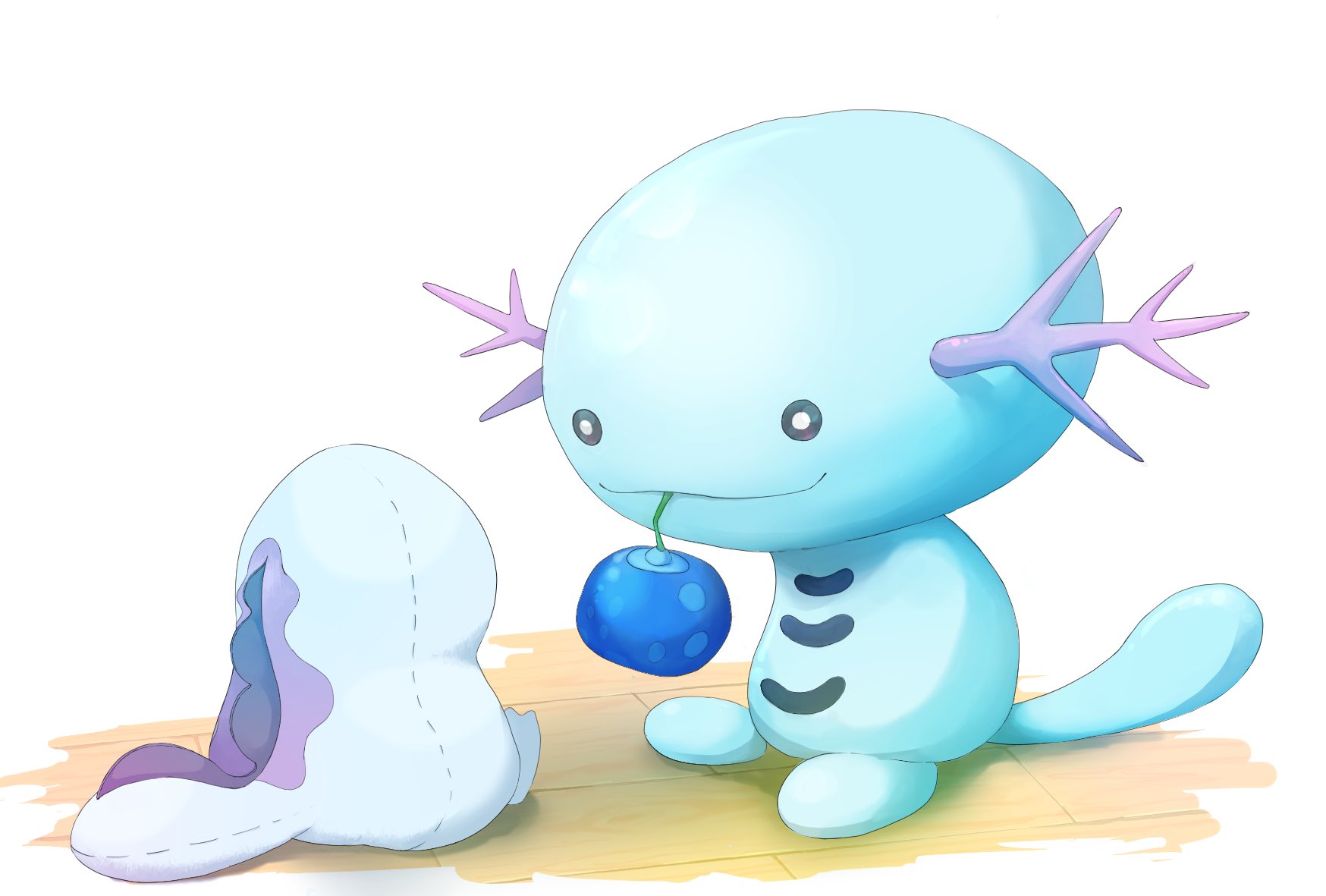 quagsire, wooper, nintendo, pokemon, pokemon gsc, commentary request, highres, :3, axolotl, berry, berry (pokemon), black eyes, blue skin, closed mouth, colored skin, evolutionary line, fins, food, gen 2 pokemon, holding, holding food, irakusa 194, no humans, oran berry, plant, pokemon (creature), pokemon focus, simple background, stuffed animal, stuffed toy, tail, white background, wooden floor