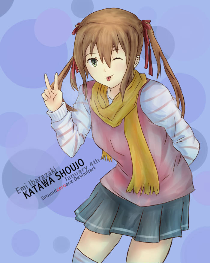groundzeroace, ibarazaki emi, 4chan, katawa shoujo, 1girl, amputee, blue background, bow, breasts, brown hair, closed mouth, cold, dated, double amputee, green eyes, hair ornament, jacket, legless amputee, long hair, nose, prosthesis, scarf, shirt, short hair, skirt, smile, solo, twintails