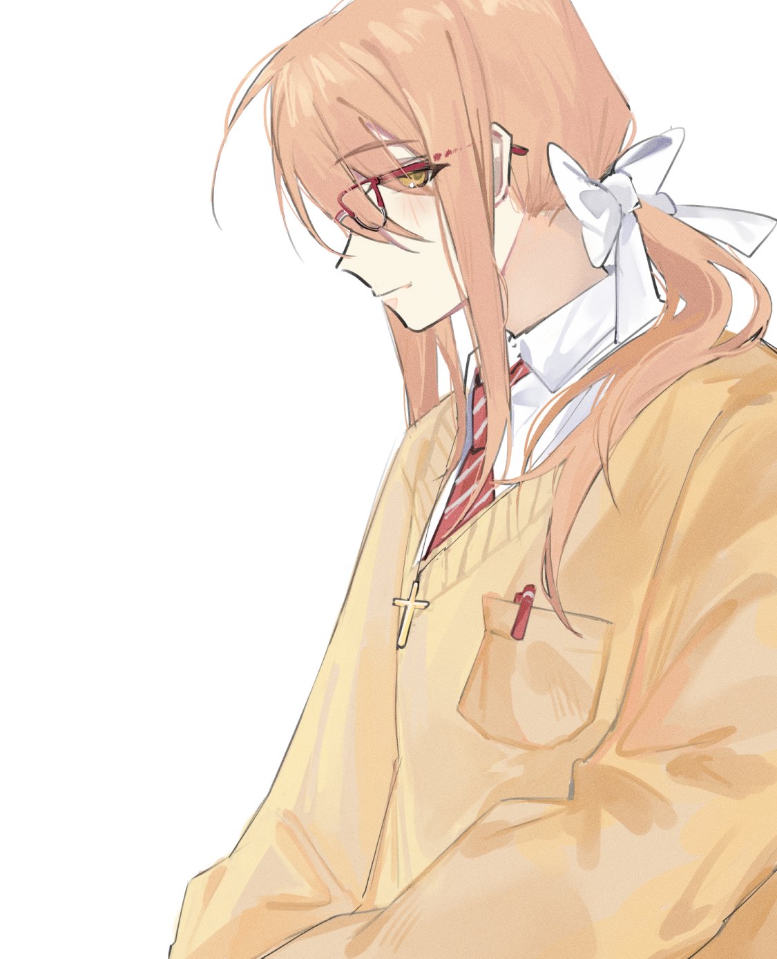 worldendunit, sydney (degrees of lewdity), sydney (male) (degrees of lewdity), degrees of lewdity, hashtag-only commentary, highres, 1boy, bow, brown hair, brown sweater, collared shirt, cross, cross necklace, glasses, green eyes, hair bow, jewelry, long hair, necklace, necktie, red necktie, shirt, simple background, solo, striped clothes, striped necktie, sweater, white background, white bow, white shirt