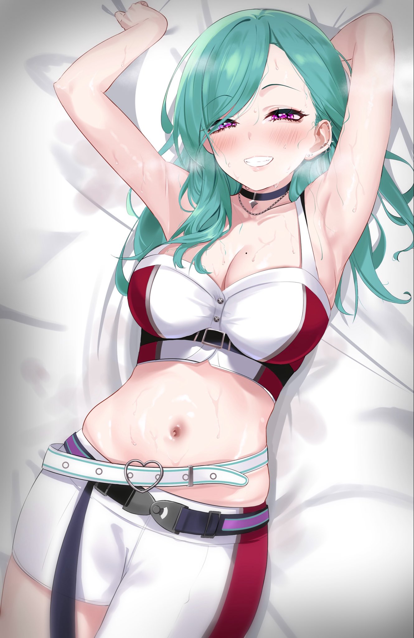 kinkikids753, yakumo beni, vspo!, commentary request, highres, 1girl, arm behind head, armpits, bed sheet, belt, black choker, blush, breasts, choker, cleavage, earrings, green hair, jewelry, lying, mole, mole on breast, navel, on back, purple eyes, sheet grab, shorts, smile, solo, stomach, sweat, virtual youtuber, white belt, white shorts
