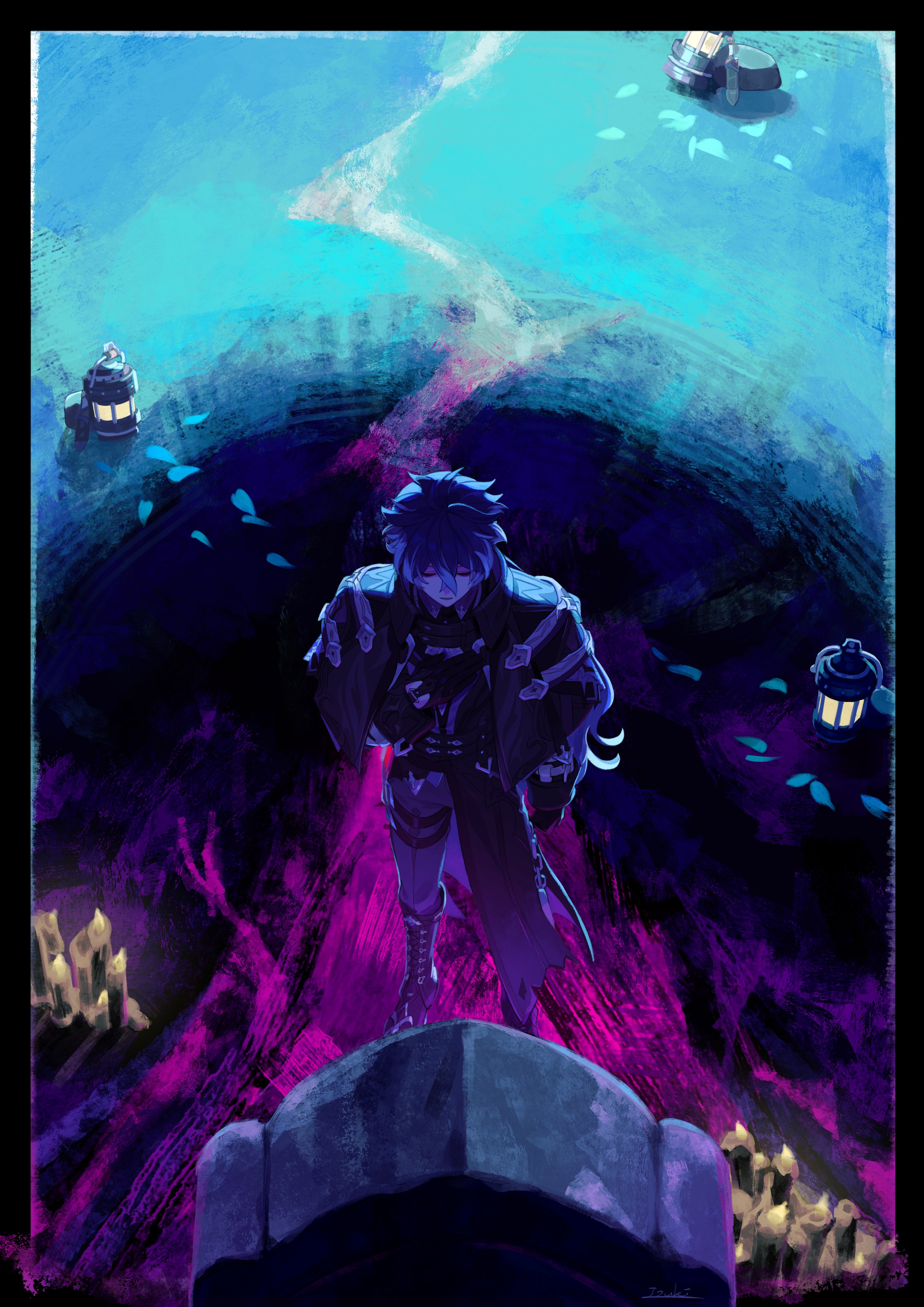 39 iduki, flins (genshin impact), genshin impact, absurdres, commentary request, highres, 1boy, black border, boots, border, candle, closed eyes, coat, crossed bangs, from above, gloves, hair between eyes, hand on own chest, knee boots, lantern, long sleeves, male focus, multicolored hair, pants, parted lips, petals, standing, weapon