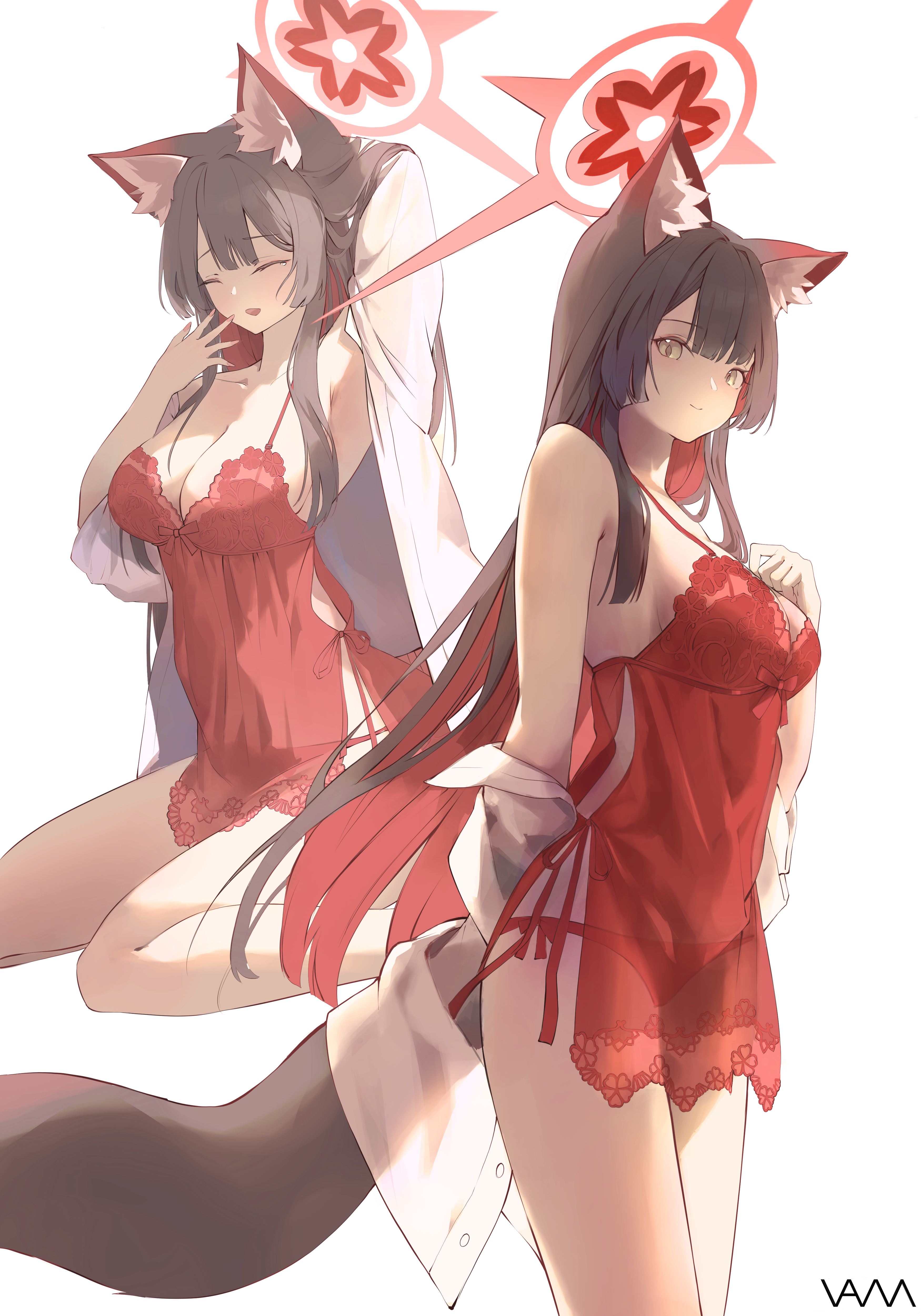 vam (js vam), wakamo (blue archive), blue archive, absurdres, commentary, english commentary, highres, 1girl, alternate costume, animal ear fluff, animal ears, armpits, babydoll, black hair, blush, breasts, cleavage, closed eyes, closed mouth, colored inner hair, fox ears, fox girl, fox tail, halo, large breasts, long hair, looking at viewer, multicolored hair, open clothes, open mouth, open shirt, red babydoll, red hair, red halo, shirt, tail, two-tone hair, very long hair, white shirt, yawning, yellow eyes