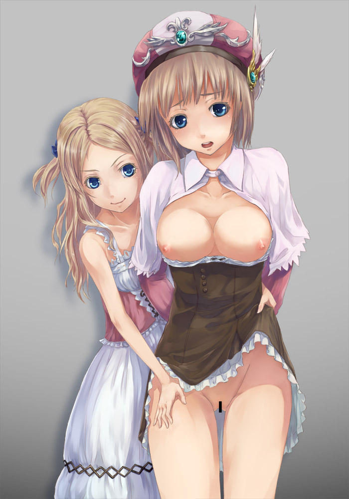 akino komichi, cuderia von feuerbach, rorolina frixell, atelier (series), atelier rorona, bad id, bad pixiv id, 2girls, blonde hair, blue eyes, breasts, brown hair, censored, cleavage, clothes lift, dress, dress lift, female focus, hat, large breasts, multiple girls, nipples, panties, two side up, underwear, yuri
