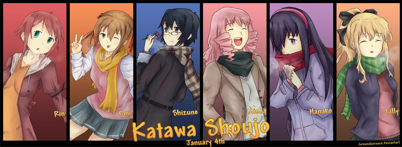 groundzeroace, hakamichi shizune, ibarazaki emi, ikezawa hanako, mikado shiina, satou lilly, tezuka rin, 4chan, katawa shoujo, 1girl, 6+girls, amputee, armless amputee, artist name, black border, black bow, blonde hair, blouse, blue background, blue eyes, blue hair, blush, border, bow, bowtie, breasts, brown hair, burn scar, character name, closed eyes, closed mouth, cold, copyright name, dated, double amputee, drill hair, glasses, green eyes, green pants, hair bobbles, hair ornament, hair over one eye, headband, jacket, january, laughing, legless amputee, long hair, multiple girls, neck, nose, open mouth, orange background, pants, pink background, pink hair, prosthesis, purple background, purple eyes, purple hair, red background, red hair, scar, scarf, shirt, short hair, simple background, skirt, smile, tied sleeves, twin drills, twintails, yellow background