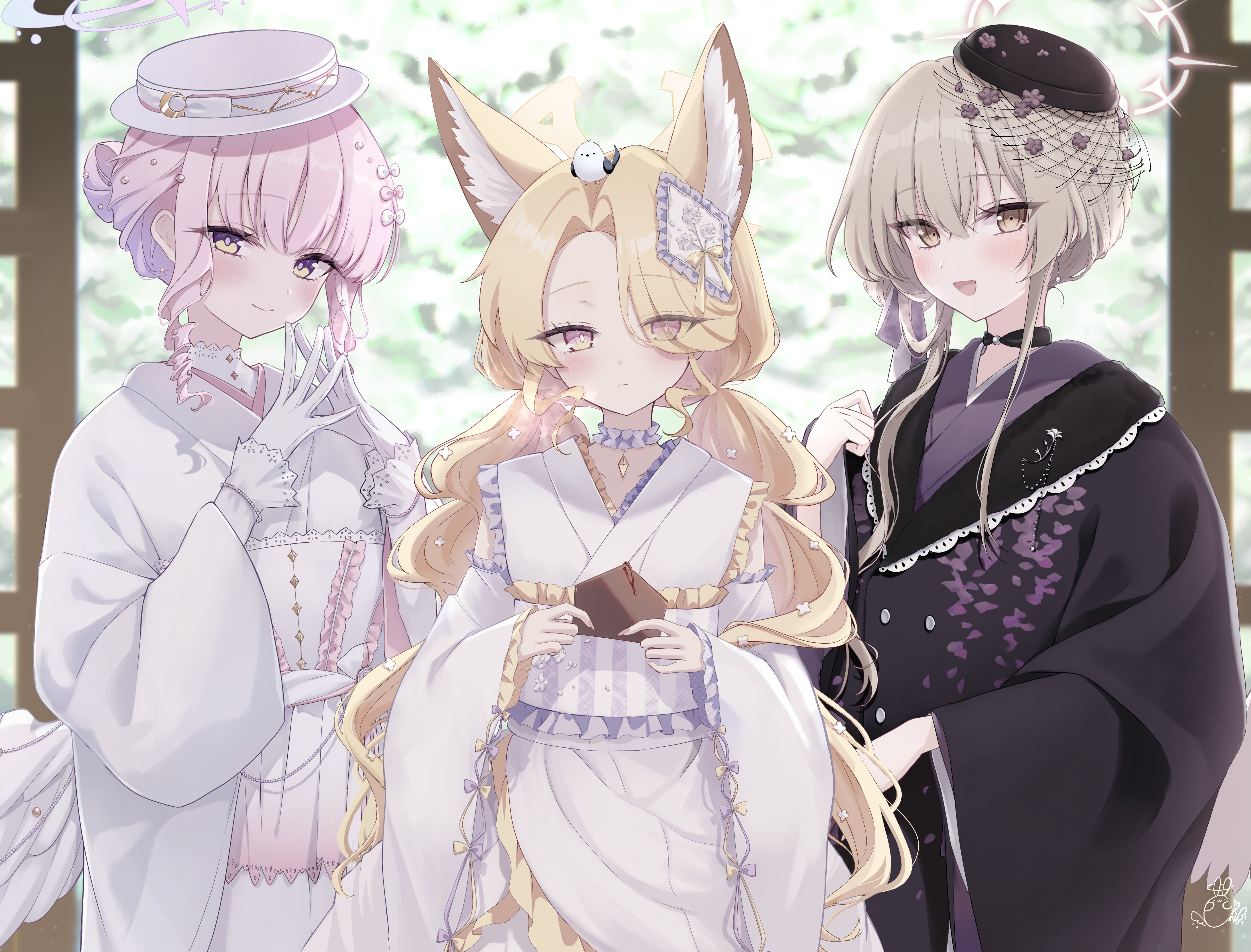 klee-on, mika (blue archive), nagisa (blue archive), seia (blue archive), blue archive, absurdres, commentary request, highres, 3girls, animal ear fluff, animal ears, black hat, black kimono, blonde hair, blush, closed mouth, detached sleeves, eyes visible through hair, feathered wings, fox ears, fox girl, gloves, hair between eyes, hair bun, hair over one eye, halo, hat, japanese clothes, kimono, long hair, looking at viewer, low wings, mika (new year) (blue archive), multiple girls, nagisa (new year) (blue archive), obi, official alternate costume, official alternate hairstyle, pink eyes, pink hair, pink halo, sash, seia (new year) (blue archive), smile, steepled fingers, tea party (blue archive), twintails, white gloves, white hat, white kimono, white sash, white wings, wide sleeves, wings, yellow eyes, yellow halo