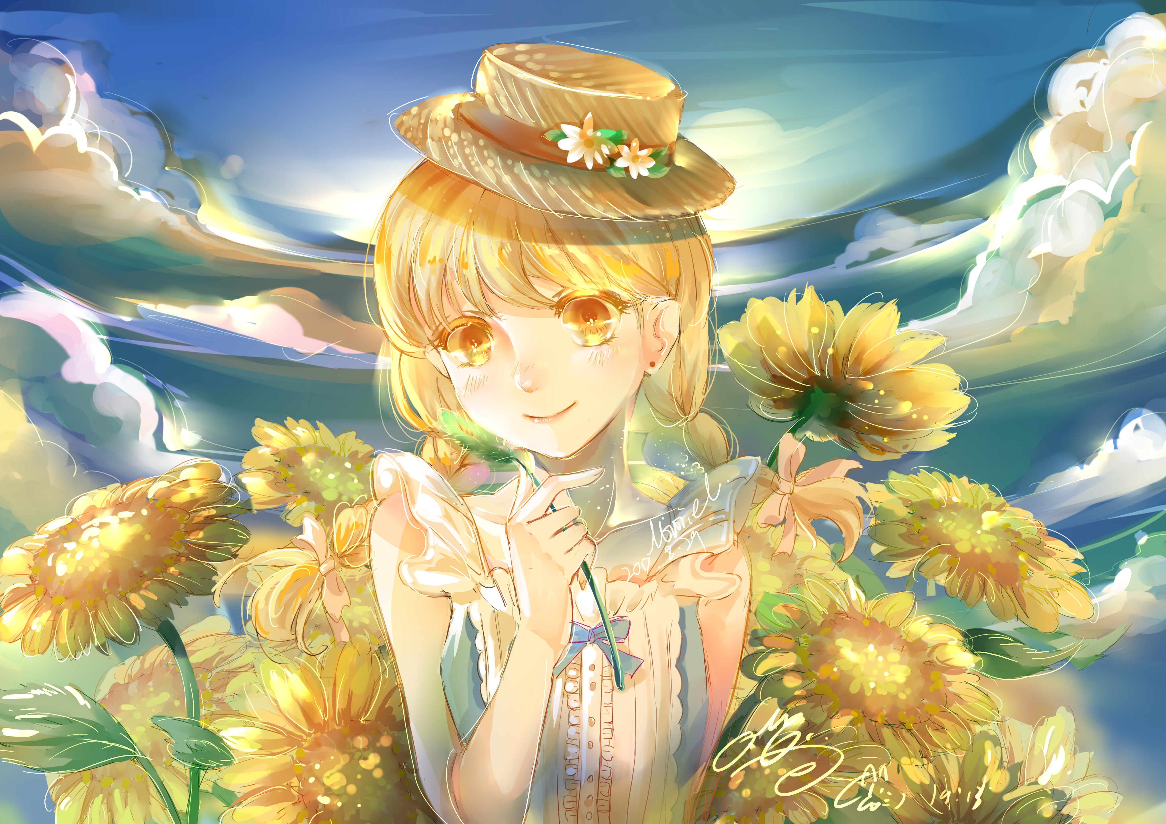 muriel miaoke, miracle nikki, nikki (series), absurdres, chinese commentary, commentary request, highres, painttool sai (medium), 1girl, bare arms, bare shoulders, blonde hair, blue shirt, blue sky, bow, braid, brown hat, buttons, center frills, closed mouth, cloud, colored eyelashes, daisy (flower), dated, day, earrings, flower, frilled shirt, frills, hair bow, happy, hat, hat flower, holding, holding leaf, jewelry, kitten kingdom (miracle nikki), leaf, light blush, light particles, lipstick, long hair, low twin braids, makeup, outdoors, pink bow, pink lips, shirt, signature, sky, sleeveless, sleeveless shirt, smile, solo, straw hat, stud earrings, sun, sunflower, swept bangs, tareme, twin braids, upper body, white flower, yellow eyes, yellow flower