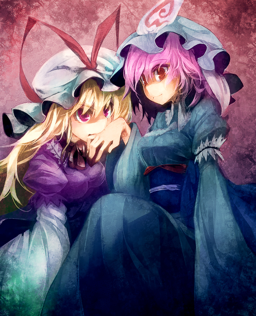 ukyo rst, saigyouji yuyuko, yakumo yukari, touhou, 2girls, biting, biting another's hand, blonde hair, female focus, hat, japanese clothes, long hair, multiple girls, pink hair, purple eyes, red eyes, short hair