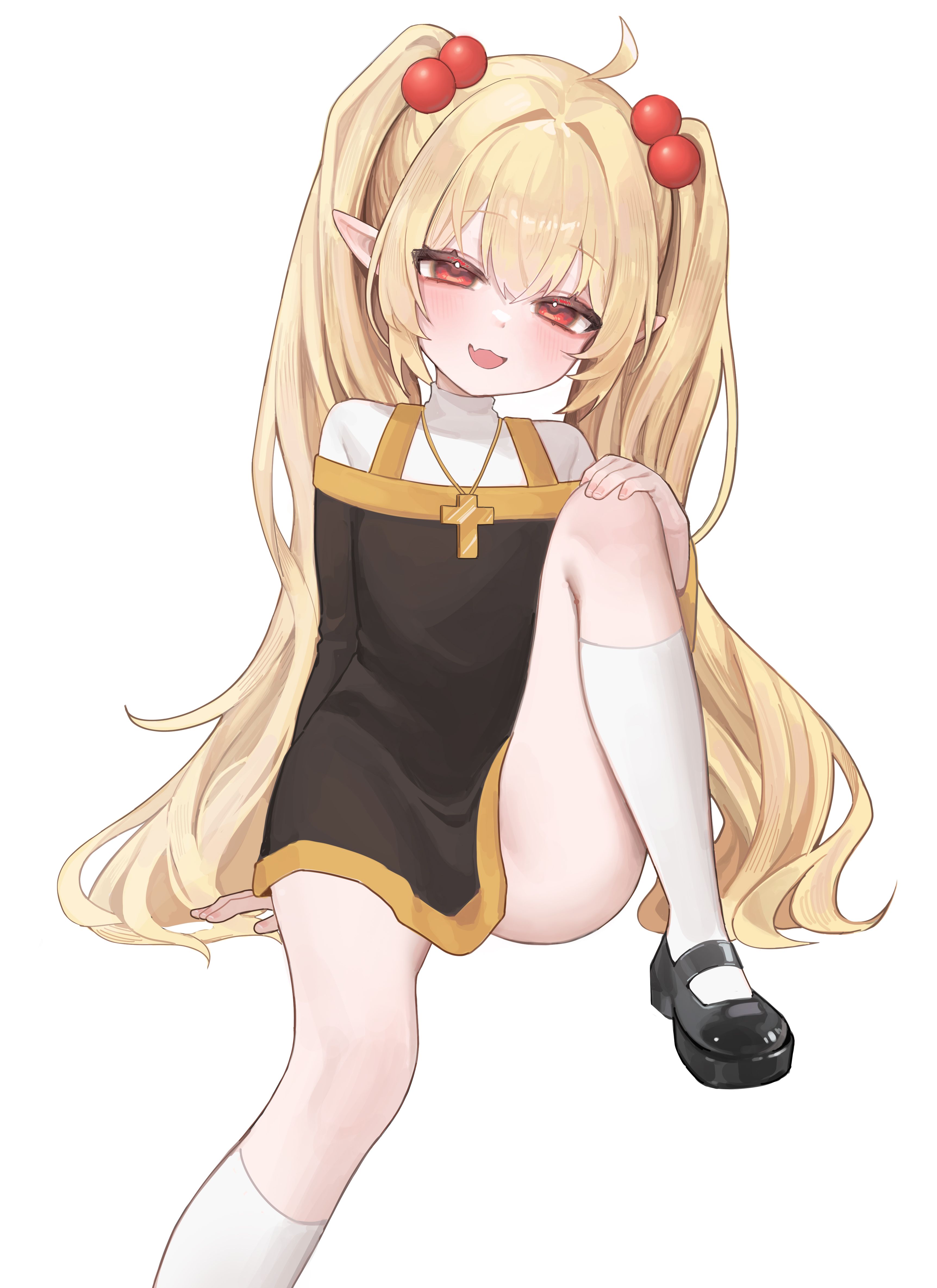 original, absurdres, artist request, commission, highres, second-party source, 1girl, ahoge, black dress, black shoes, blonde hair, cross, cross necklace, dress, elf, fang, hair bobbles, hair ornament, jewelry, latin cross, long hair, long sleeves, necklace, nun, open mouth, pointy ears, red eyes, shoes, simple background, skin fang, socks, solo, twintails, twintails elf nun (sugarnut), very long hair, white background