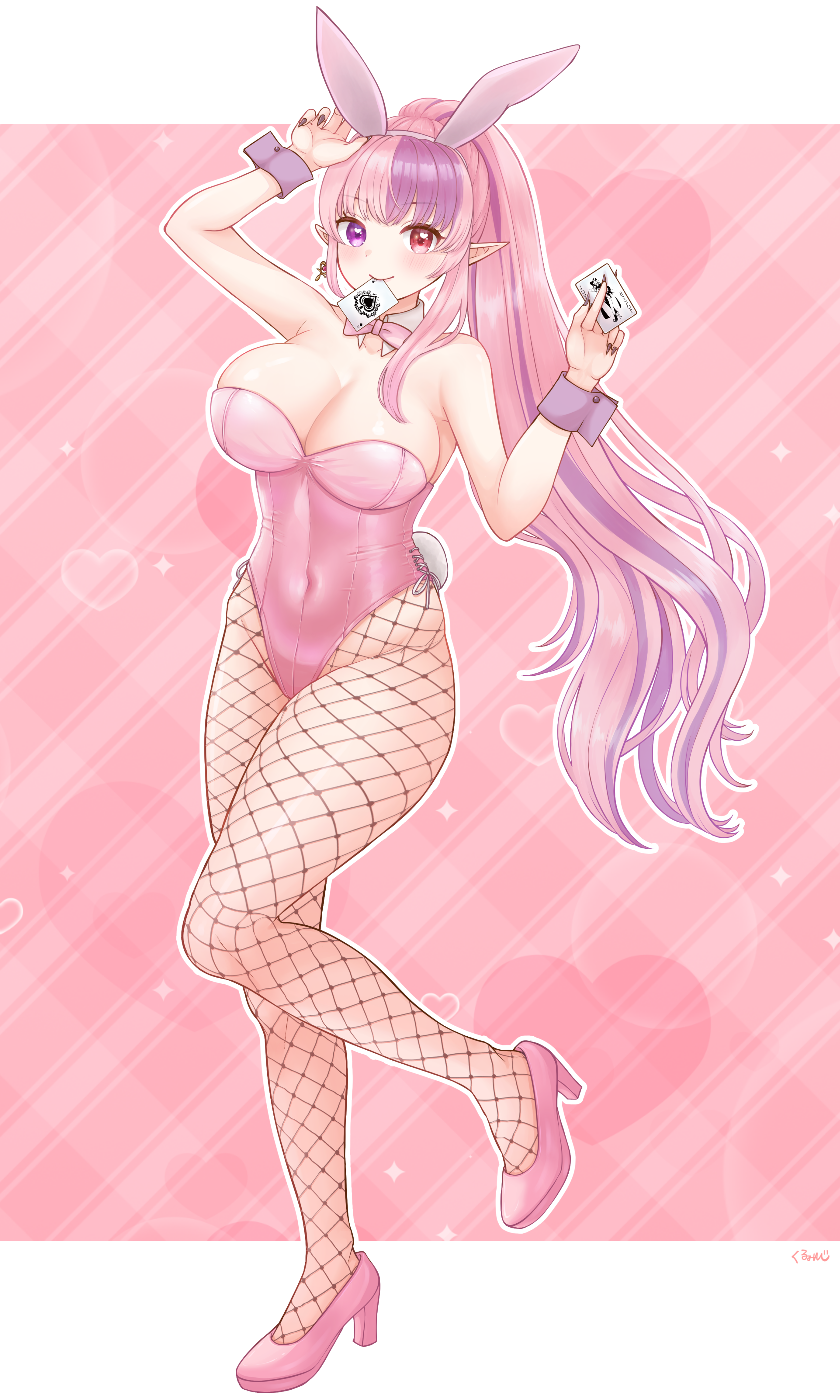 suzuri ishi, ironmouse, vshojo, absurdres, commentary, english commentary, highres, 1girl, ace (playing card), ace of spades, animal ear hairband, animal ears, bare shoulders, black nails, bow, bowtie, breasts, card, card in mouth, cleavage, covered navel, detached collar, earrings, eyelashes, fake animal ears, fingernails, fishnet pantyhose, fishnets, full body, hairband, heart, heart in eye, heterochromia, high heels, holding, holding card, jewelry, joker (playing card), leotard, long hair, mouth hold, nail polish, outline, pantyhose, pink bow, pink bowtie, pink hair, pink leotard, pink shoes, playboy bunny, playing card, pointy ears, ponytail, purple eyes, purple hair, purple hairband, rabbit ear hairband, rabbit ears, red eyes, sharp fingernails, shoes, single earring, solo, spade (shape), standing, standing on one leg, strapless, strapless leotard, symbol in eye, virtual youtuber, white outline, wrist cuffs