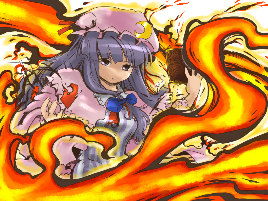 yanagihara tantoui, patchouli knowledge, touhou, 1girl, book, female focus, fire, hat, long hair, purple eyes, purple hair, solo, standing