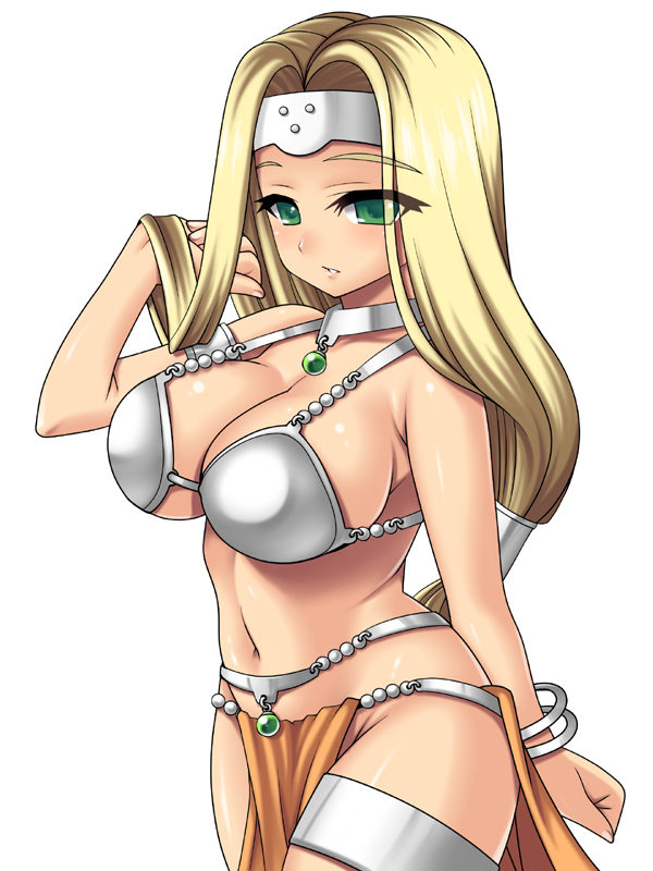 naru (kuma), manya (dq4), mireyu, dragon quest, dragon quest vi, bad id, bad pixiv id, 1girl, armor, bikini armor, blonde hair, bracelet, breasts, choker, circlet, cleavage, cosplay, dancer's costume (dq), female focus, green eyes, jewelry, large breasts, loincloth, long hair, low-tied long hair, manya (cosplay), pelvic curtain, ponytail, solo, white background