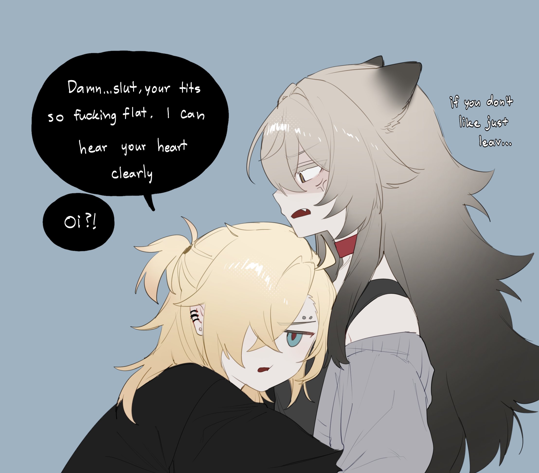 kai (drakkai10), player character (degrees of lewdity), player character (female) (degrees of lewdity), shoya (kai (drakkai10)), whitney (degrees of lewdity), whitney (male) (degrees of lewdity), degrees of lewdity, commentary, english commentary, highres, 1boy, 1girl, animal ears, blonde hair, blue eyes, brown hair, earrings, english text, eyebrow piercing, face piercing, grey background, hug, jewelry, long hair, open mouth, piercing, simple background, speech bubble, wolf ears, wolf girl