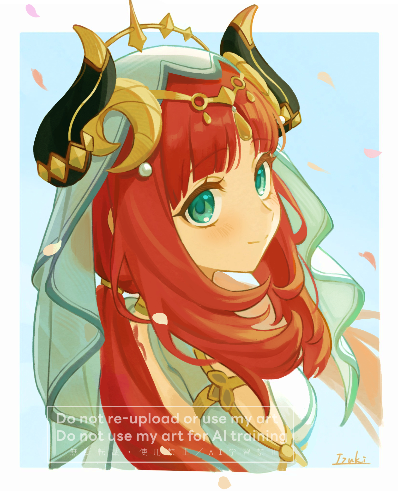 39 iduki, nilou (genshin impact), genshin impact, commentary request, highres, 1girl, blue eyes, blue veil, blush, breasts, closed mouth, eyelashes, harem outfit, horns, long hair, looking at viewer, petals, red hair, sidelocks, signature, simple background, solo, upper body, veil, white veil