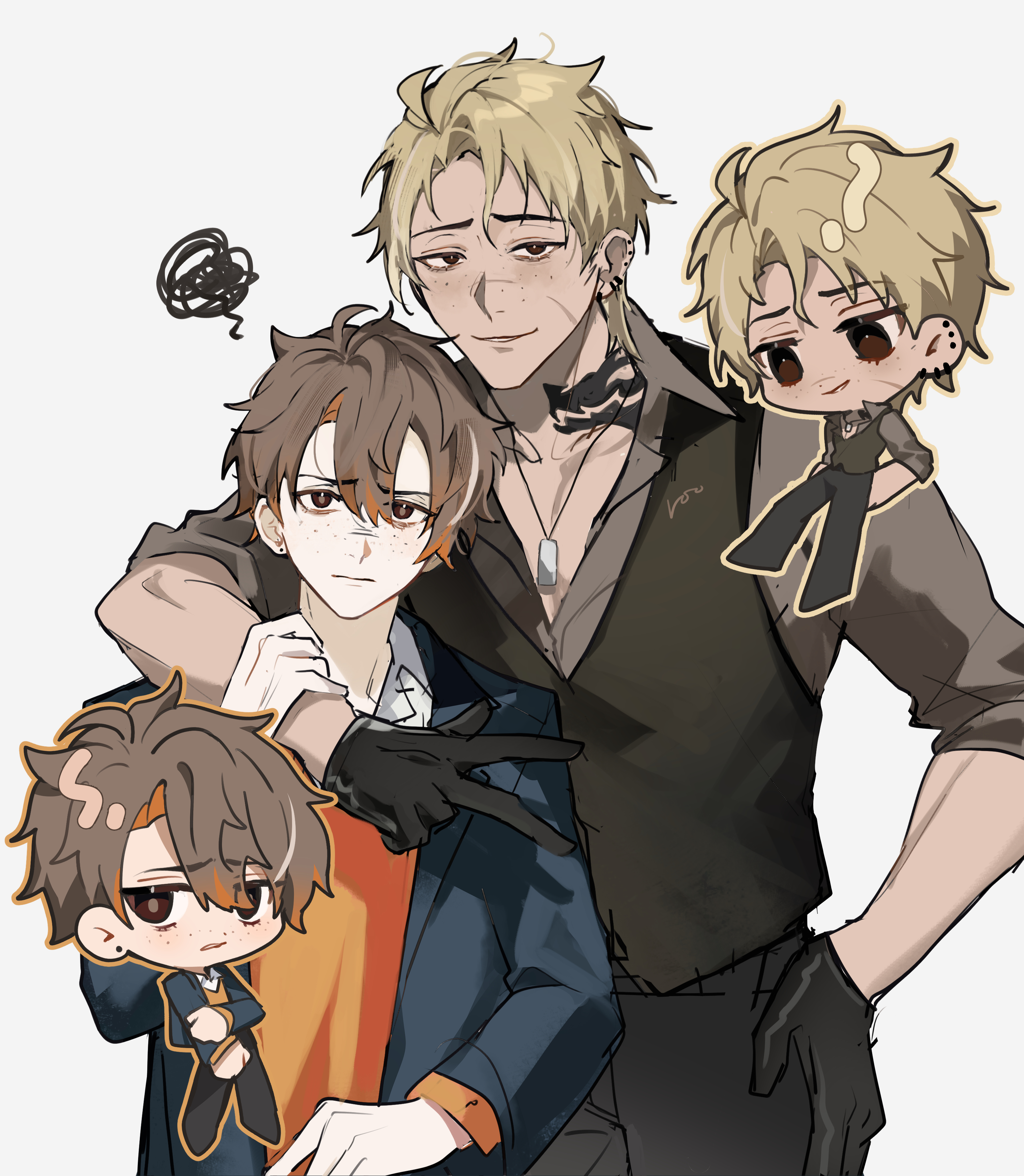 robin (degrees of lewdity), robin (male) (degrees of lewdity), wren (degrees of lewdity), wren (male) (degrees of lewdity), degrees of lewdity, absurdres, commentary, english commentary, highres, 2boys, black gloves, black pants, black vest, blonde hair, brown eyes, brown hair, brown shirt, chibikemo, collared shirt, defnotalvoo96, gloves, looking at viewer, multiple boys, multiple views, neck tattoo, pants, shirt, short hair, simple background, tattoo, vest, white background