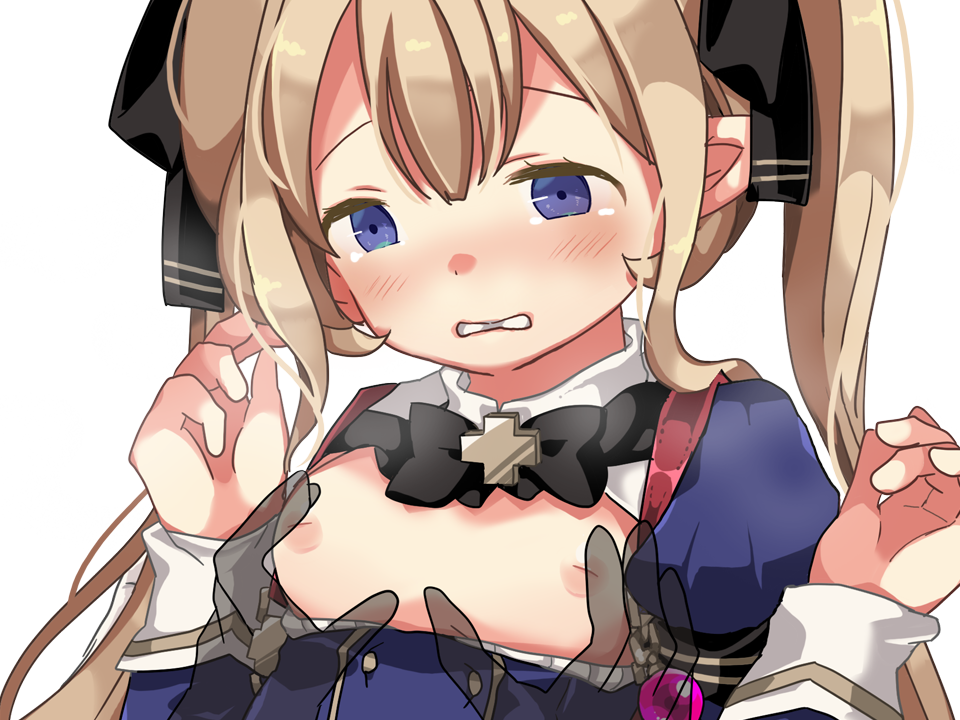 hikaru (sgst), ariel (oukoku no shugo tenshi), oukoku no shugo tenshi, game cg, large variant set, non-web source, variant set, 1boy, 1girl, black bow, blue dress, blue eyes, blush, bow, bowtie, breasts, breath, brown hair, clenched teeth, close-up, clothes pull, disembodied hand, dress, dress pull, hair between eyes, half-closed eyes, hands up, inverted nipples, juliet sleeves, long hair, long sleeves, looking down, nipple rub, nipple stimulation, nipples, pointy ears, puffy sleeves, raised inner eyebrows, see-through body, sidelocks, simple background, small breasts, tareme, teeth, torogao, transparent background, twintails, upper body, very long hair, wavy mouth