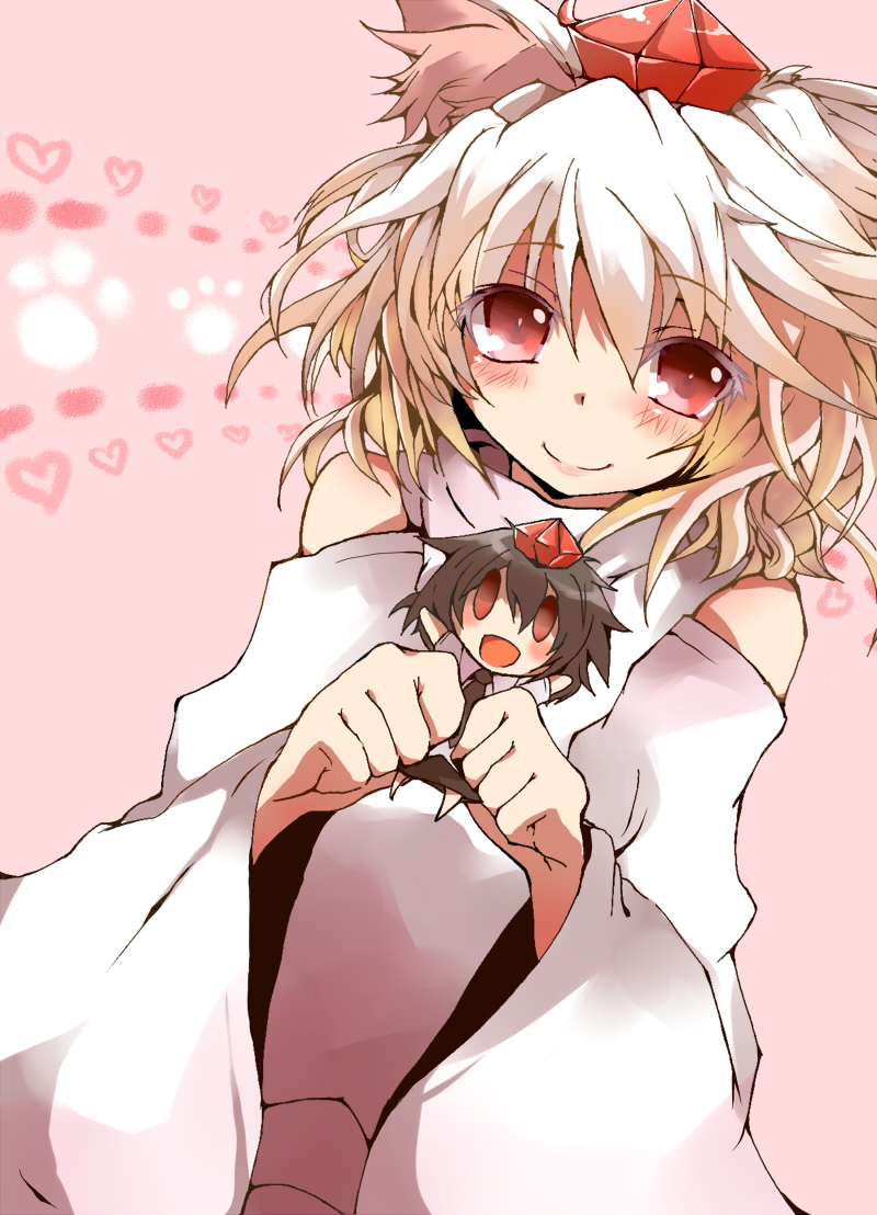 pun2, inubashiri momiji, shameimaru aya, touhou, silver hair, bad id, bad pixiv id, colorized, 1girl, animal ears, blush, character doll, clenched hands, detached sleeves, doll, female focus, hat, red eyes, short hair, smile, solo, tokin hat, wolf ears