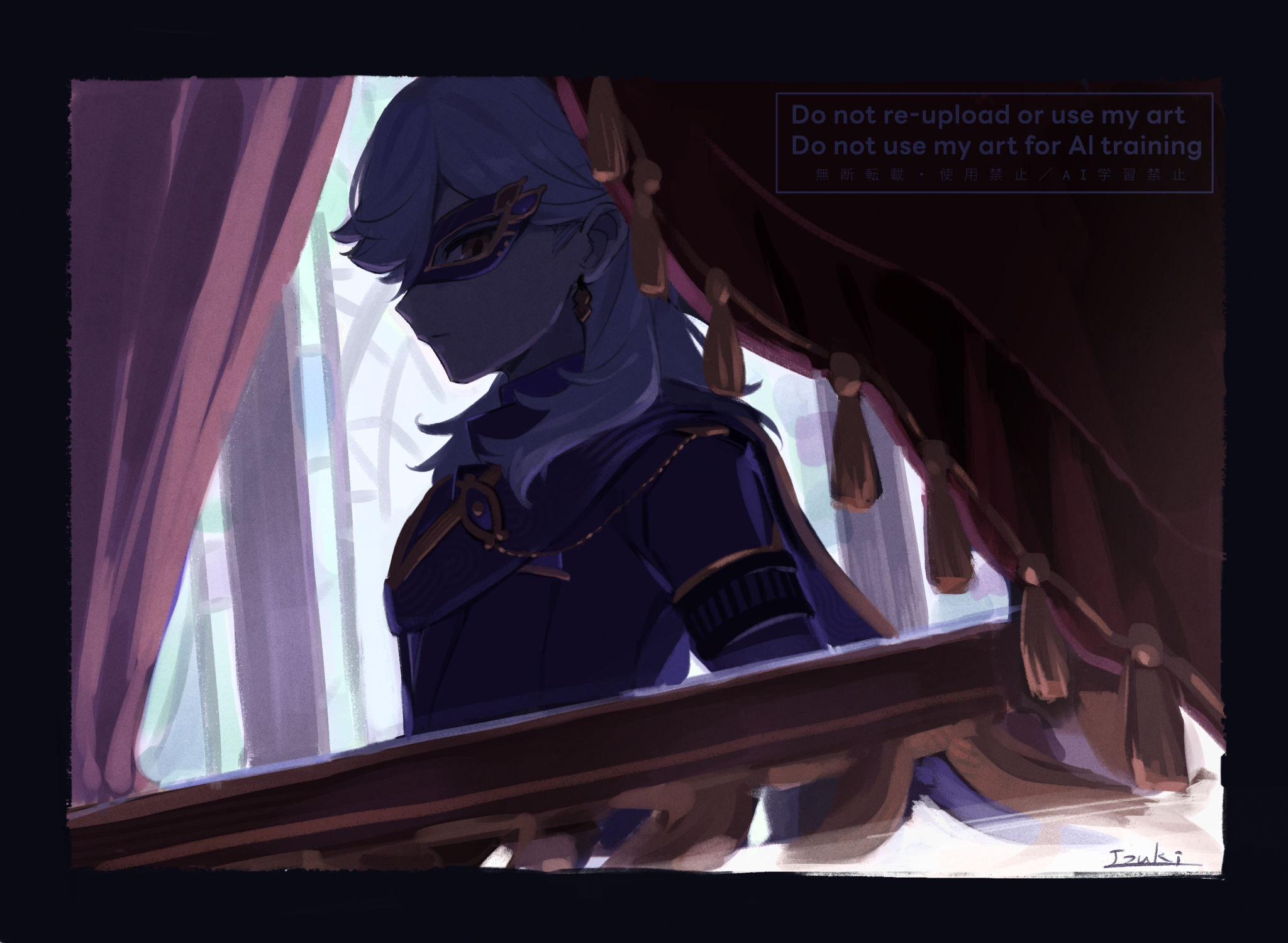 39 iduki, cyno (genshin impact), cyno (resplendent feast) (genshin impact), genshin impact, highres, 1boy, alternate costume, closed mouth, curtains, earrings, eye mask, from side, hair between eyes, jewelry, letterboxed, long hair, male focus, mask, profile, railing, solo, tassel, upper body, white hair