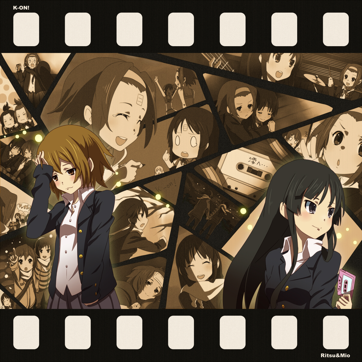 hajime (hajime-ill-1st), akiyama mio, hirasawa yui, kotobuki tsumugi, tainaka ritsu, k-on!, bad id, bad pixiv id, highres, > <, alternate hairstyle, black eyes, black hair, brown eyes, brown hair, cassette tape, closed eyes, film strip, hair down, ho-kago tea time, long hair, o o, school uniform, sepia, short hair